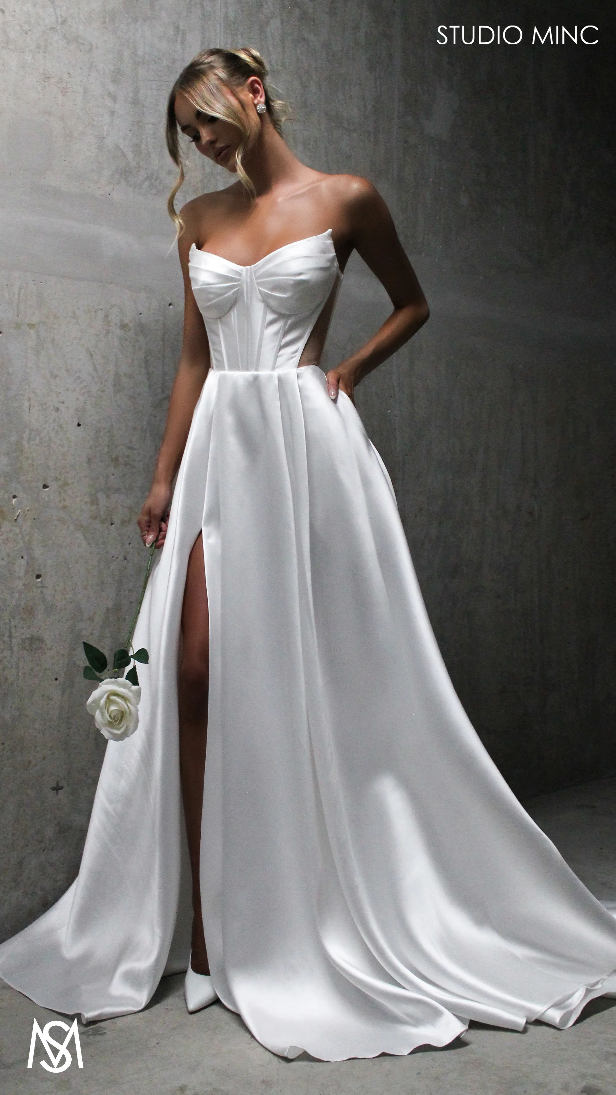 Lunar - White Wedding Dress, satin strapless boned corset net cut outs lace up gown pockets leg slit - Image 6