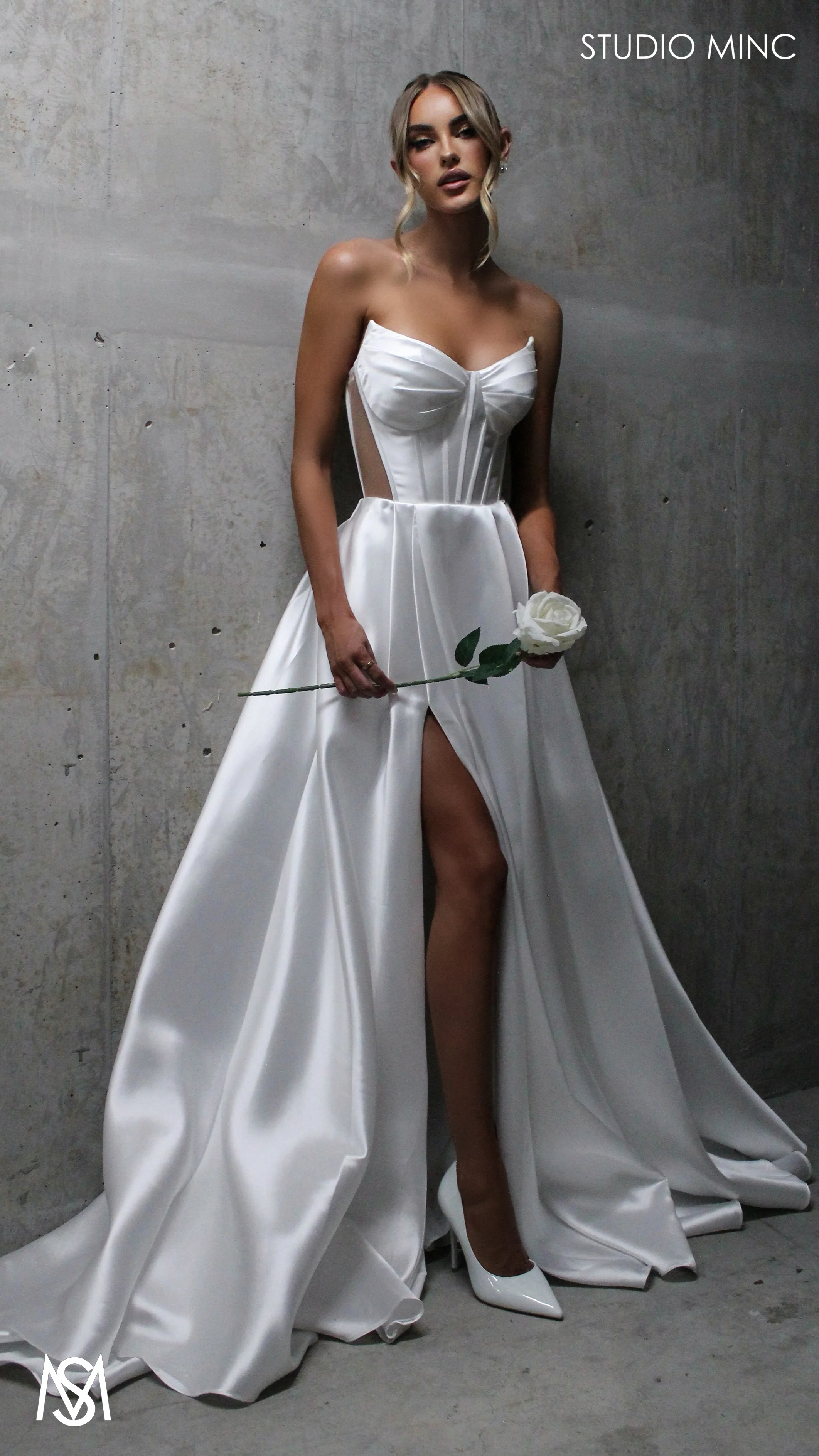 Lunar - White Wedding Dress, satin strapless boned corset net cut outs lace up gown pockets leg slit - Image 7