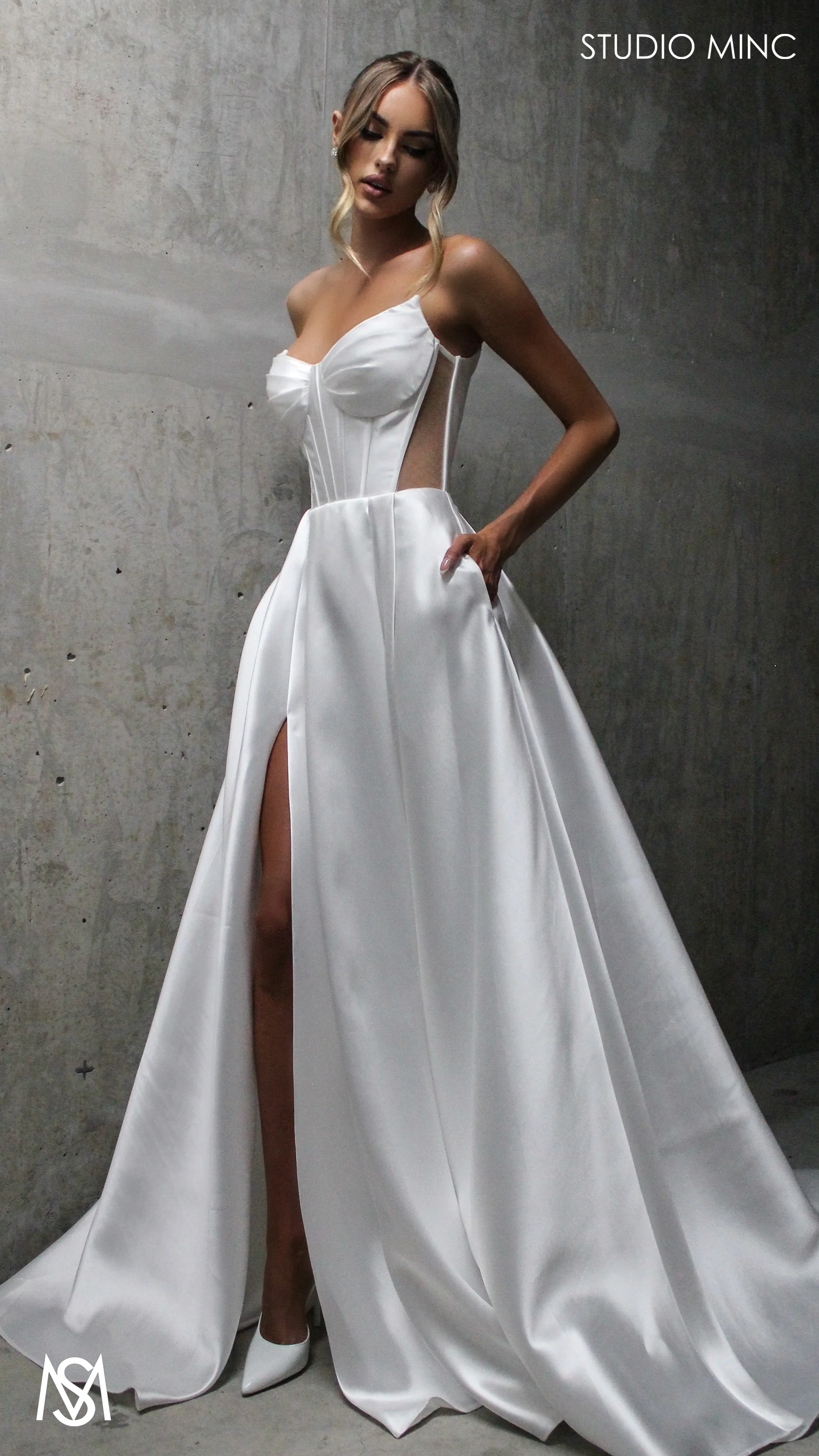 Lunar - White Wedding Dress, satin strapless boned corset net cut outs lace up gown pockets leg slit - Image 8