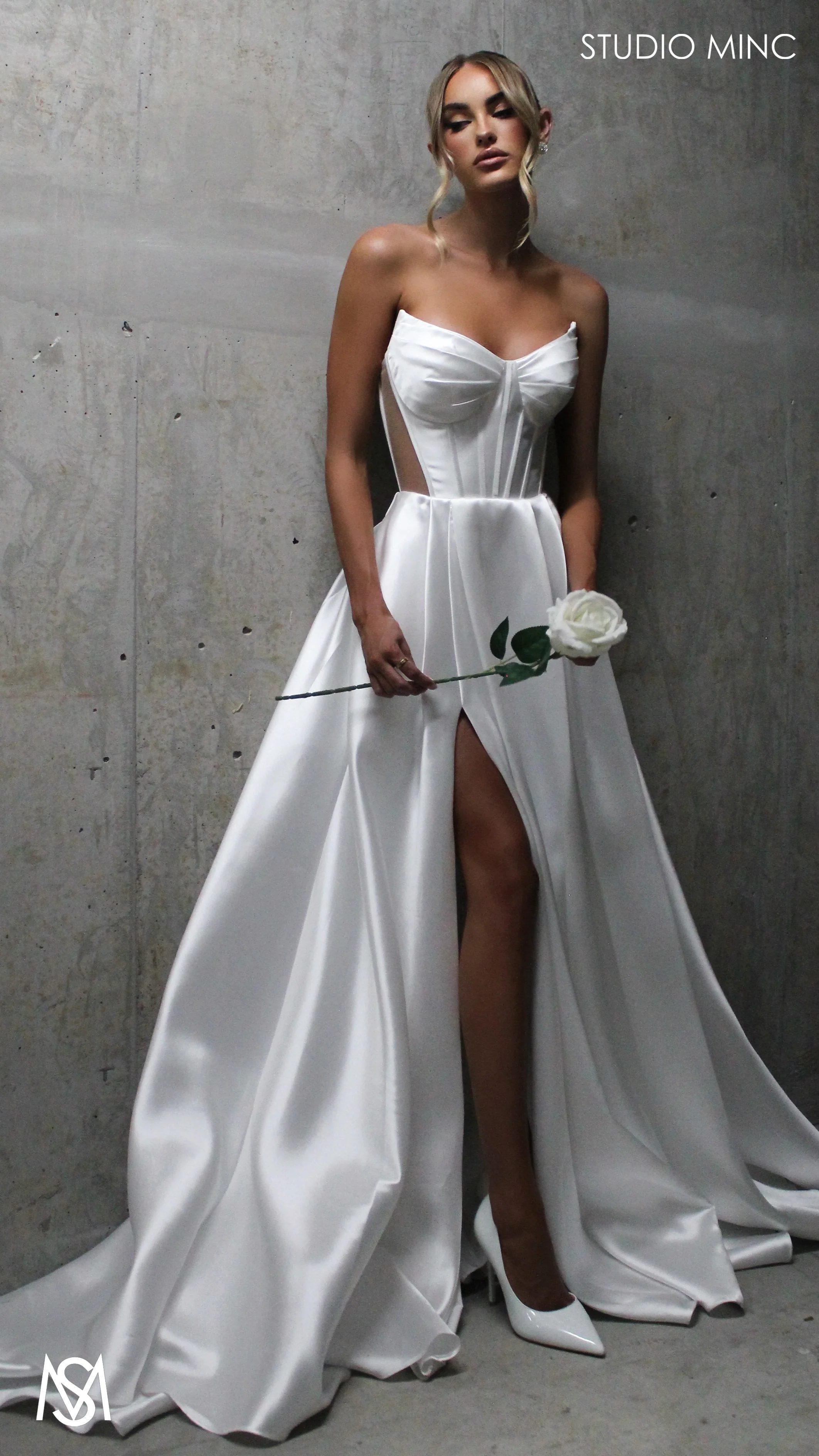 Lunar - White Wedding Dress, satin strapless boned corset net cut outs lace up gown pockets leg slit - Image 9