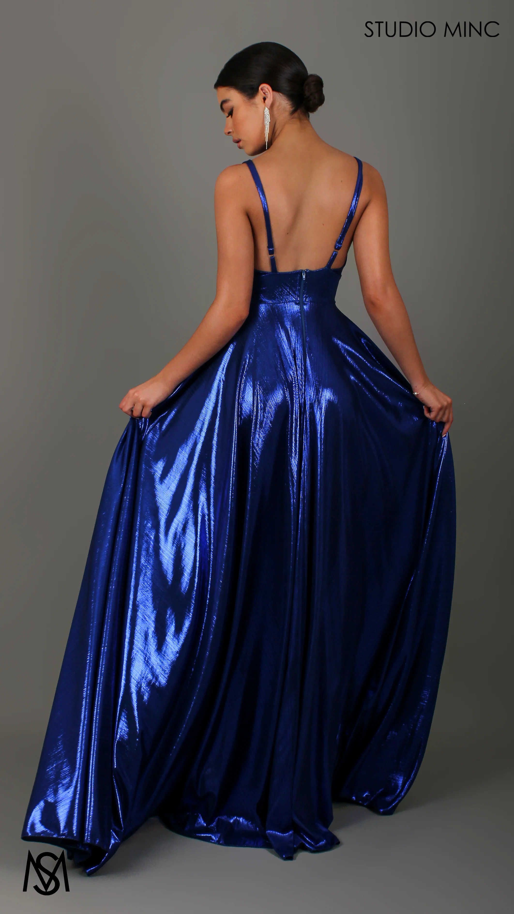 Lustre - Cobalt Blue Formal Dress, Metallic V Plunge Neckline with leg Split - Image 4