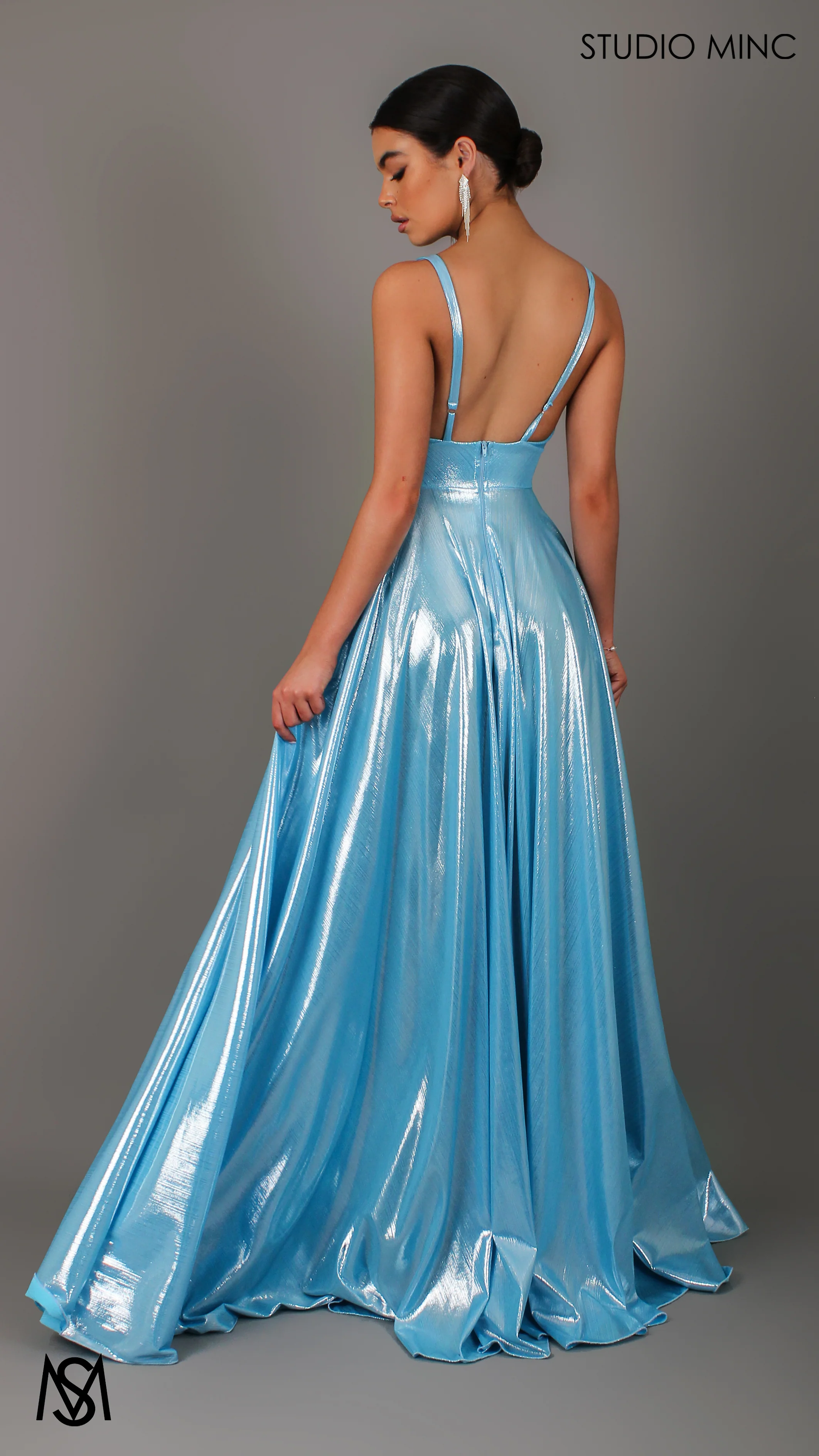 Lustre - Sky Baby Blue Formal Dress, Metallic V Plunge Neckline with leg Split - Image 3
