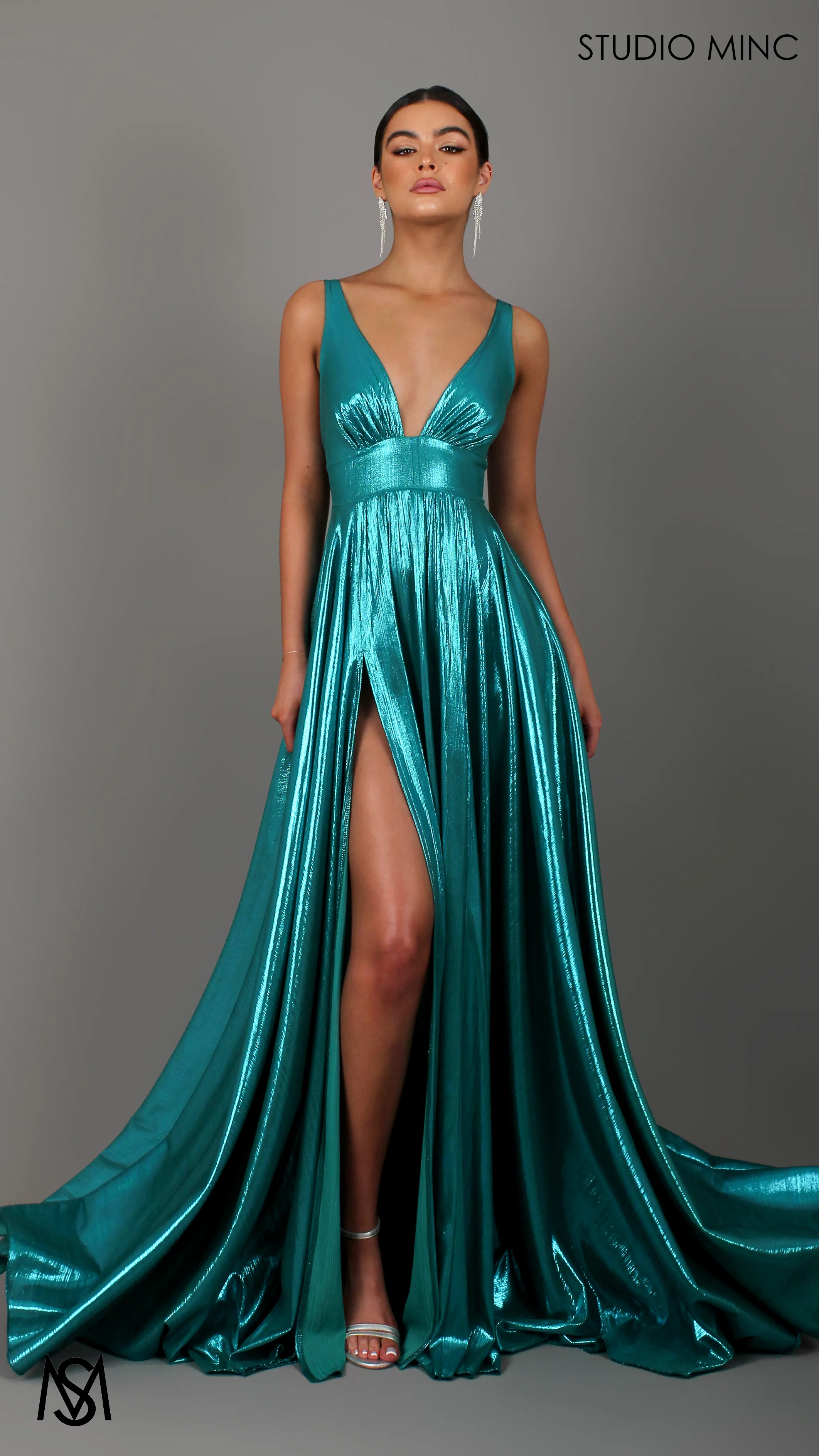 Lustre - Teal Formal Dress, Metallic V Plunge Neckline with leg Split - Image 9