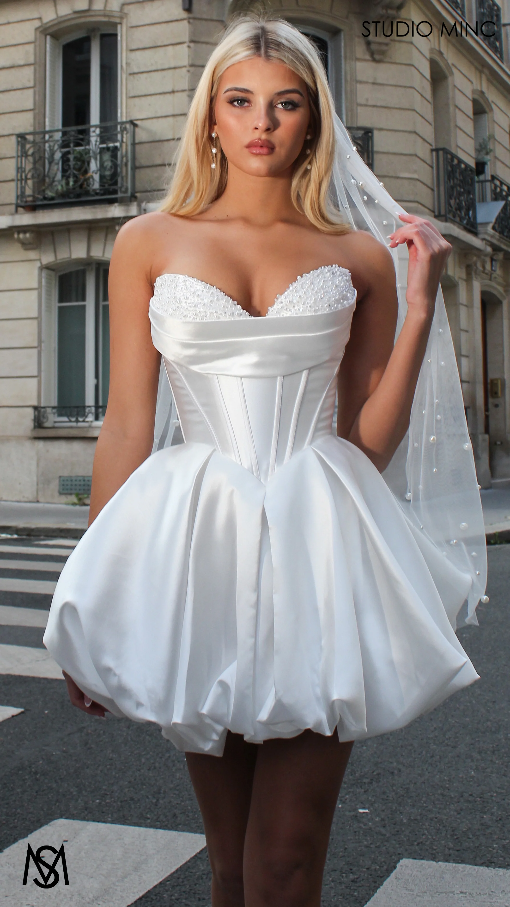 Mia - White Bridal Mini Dress | Pearl Beaded Cups, basque waist corset, Satin Bubble Party Dress - Image 11