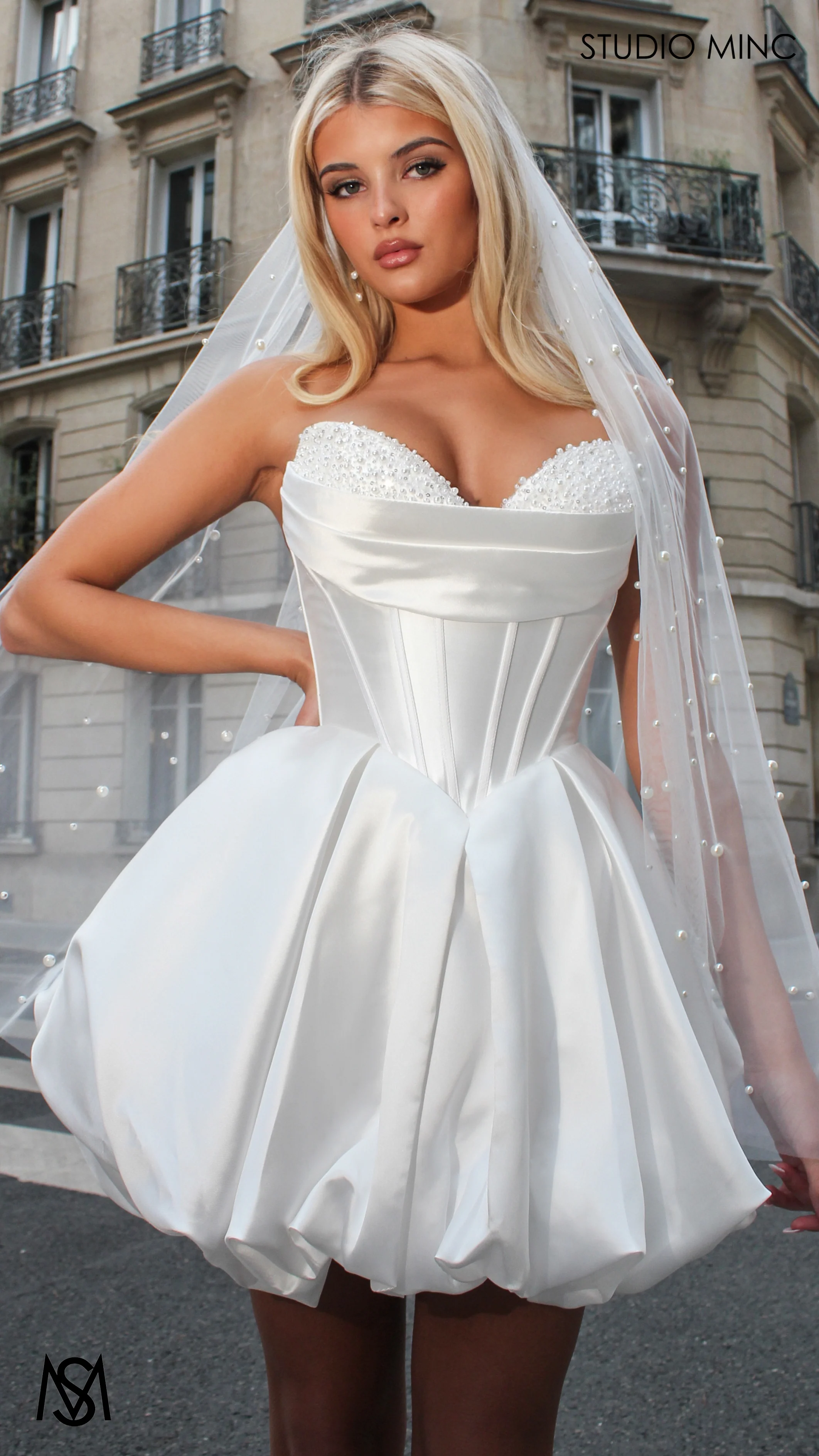 Mia - White Bridal Mini Dress | Pearl Beaded Cups, basque waist corset, Satin Bubble Party Dress - Image 5
