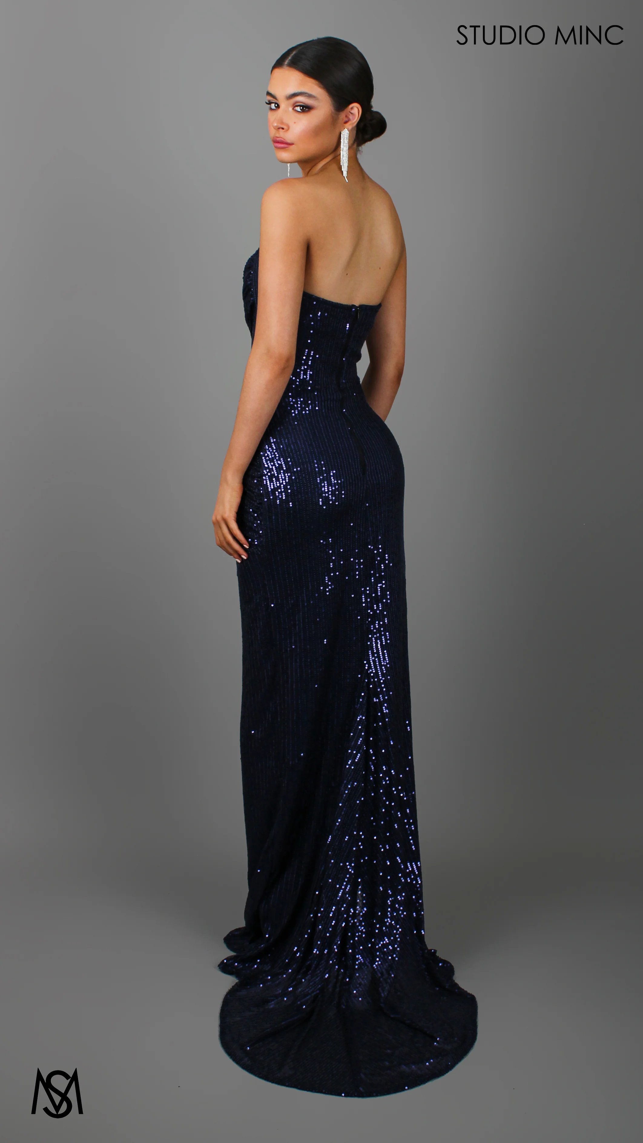 MUSE - Navy Blue Sequin Formal Dress with Strapless Corset & Leg Split - Image 3