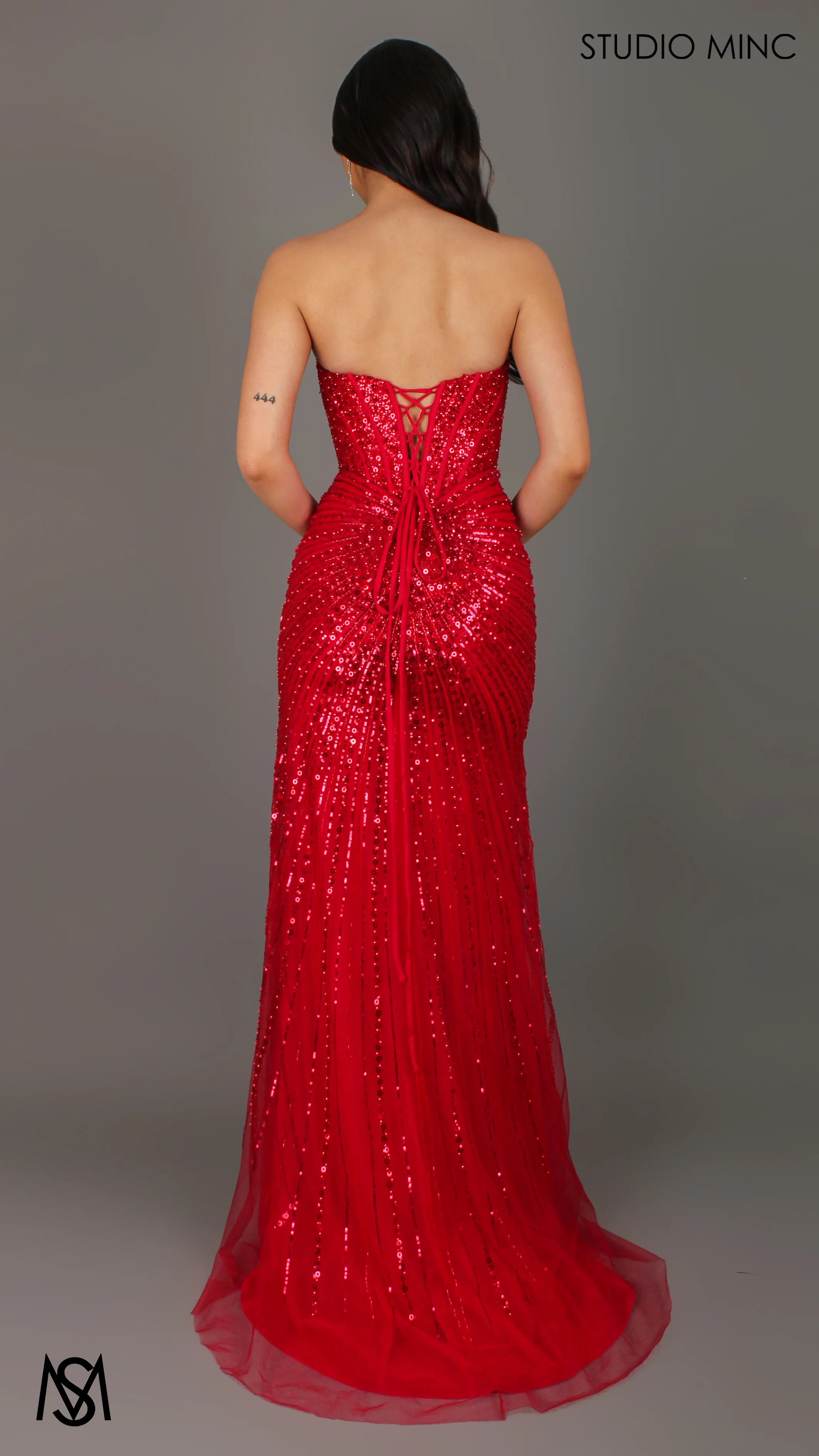 Mirage - Red Formal Dress, Sparkly Strapless embellished Corset, fitted high leg slit - Image 2