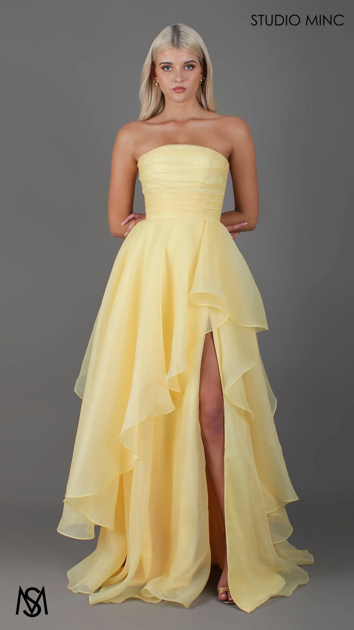 Monaco - Buttercup Yellow Formal Dress | Strapless Corset, organza layered handkerchief skirt, leg slit - Image 3