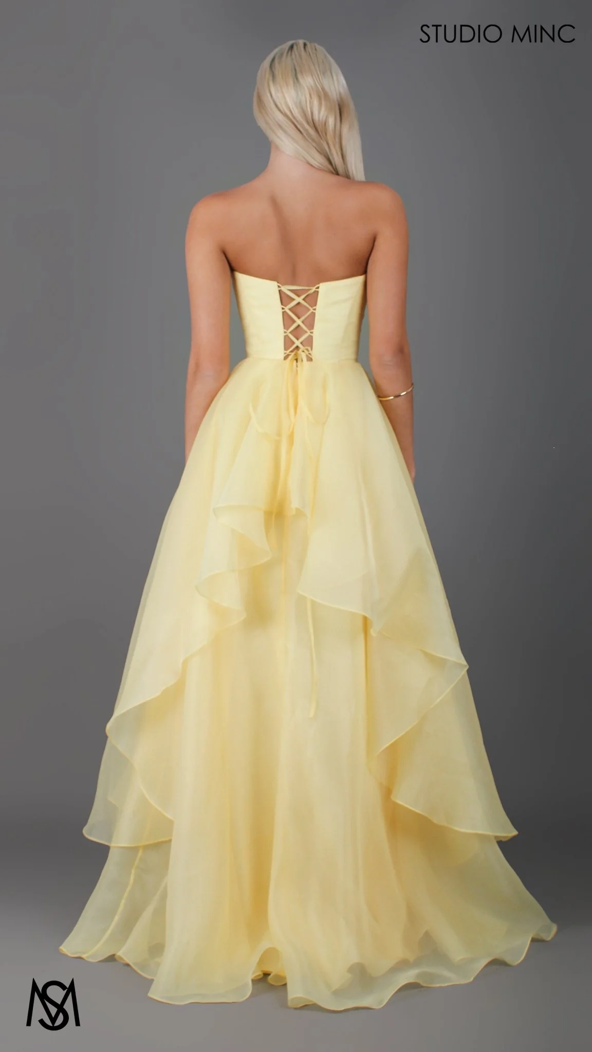 Monaco - Buttercup Yellow Formal Dress | Strapless Corset, organza layered handkerchief skirt, leg slit - Image 4