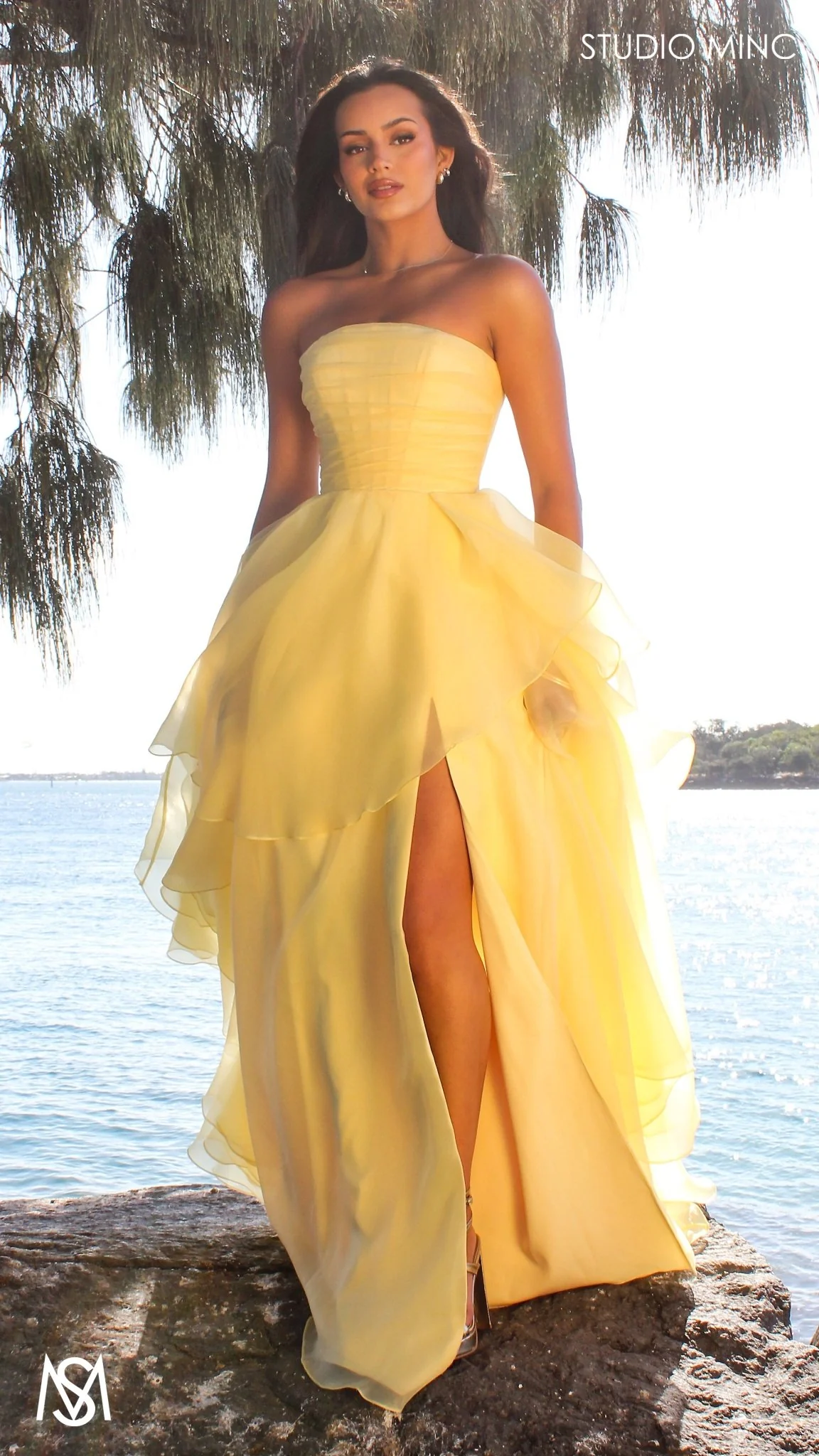 Monaco - Buttercup Yellow Formal Dress | Strapless Corset, organza layered handkerchief skirt, leg slit - Image 5