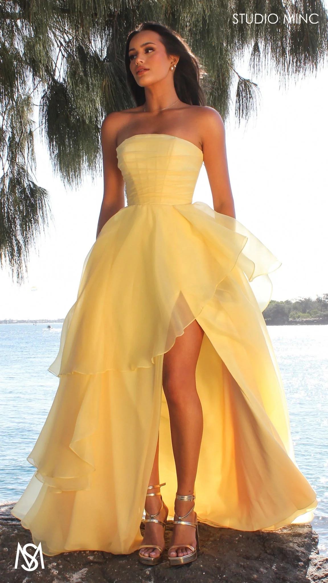 Monaco - Buttercup Yellow Formal Dress | Strapless Corset, organza layered handkerchief skirt, leg slit - Image 6