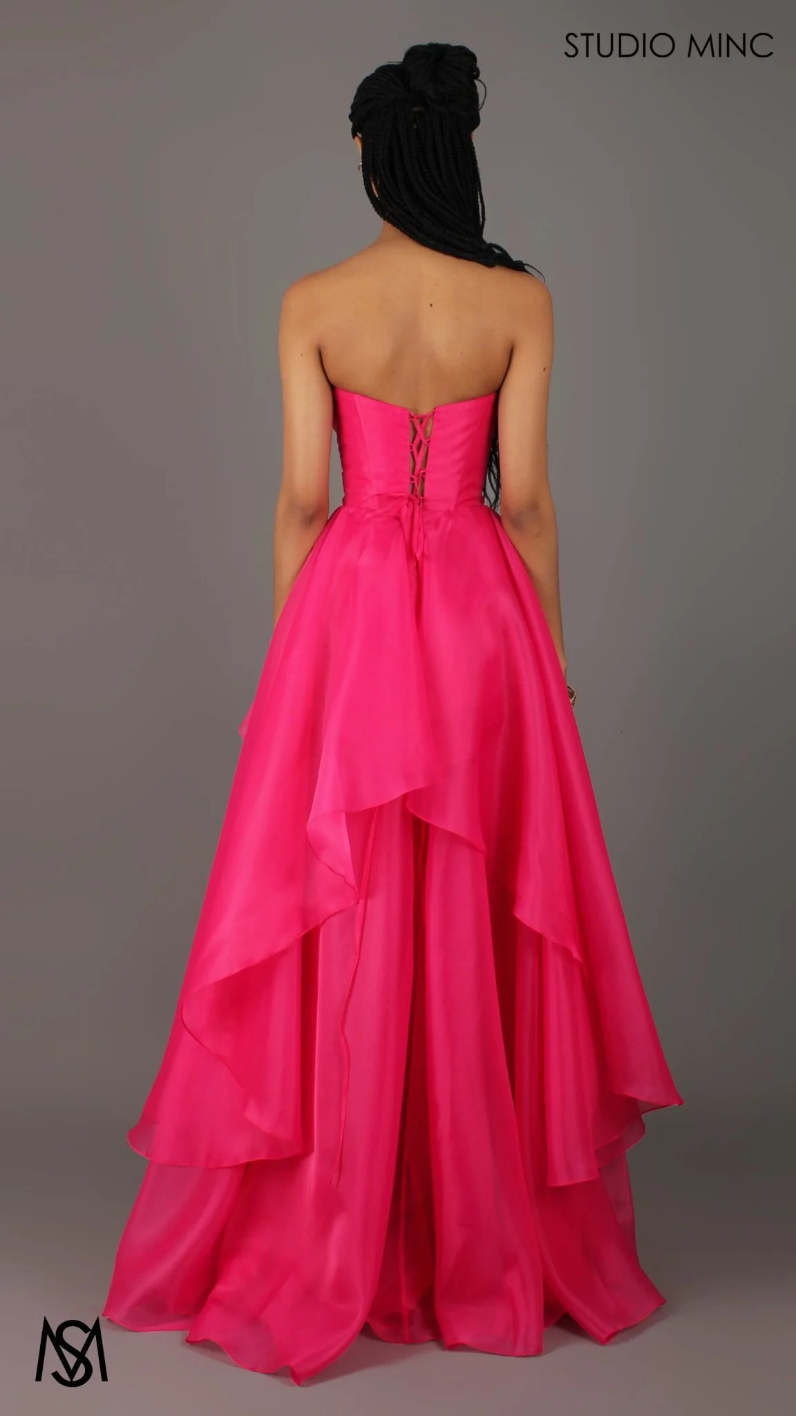 Monaco - Hot Pink Formal Dress | Strapless Corset, Organza layered handkerchief skirt, leg slit - Image 2