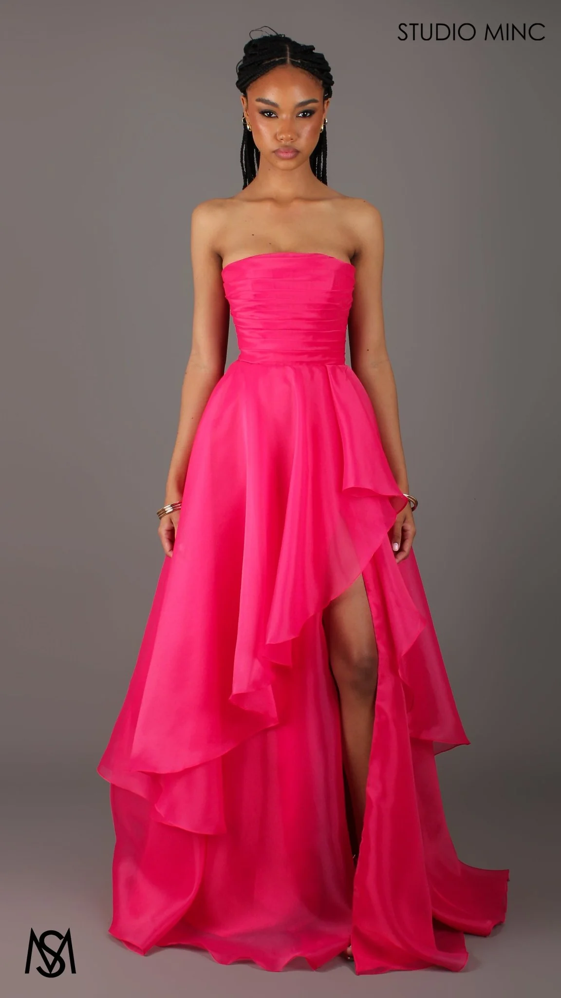 Monaco - Hot Pink Formal Dress | Strapless Corset, Organza layered handkerchief skirt, leg slit - Image 3