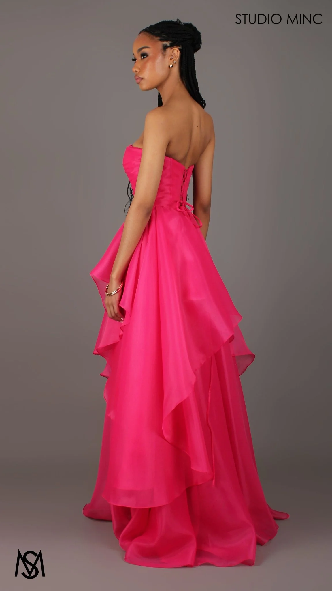 Monaco - Hot Pink Formal Dress | Strapless Corset, Organza layered handkerchief skirt, leg slit - Image 4