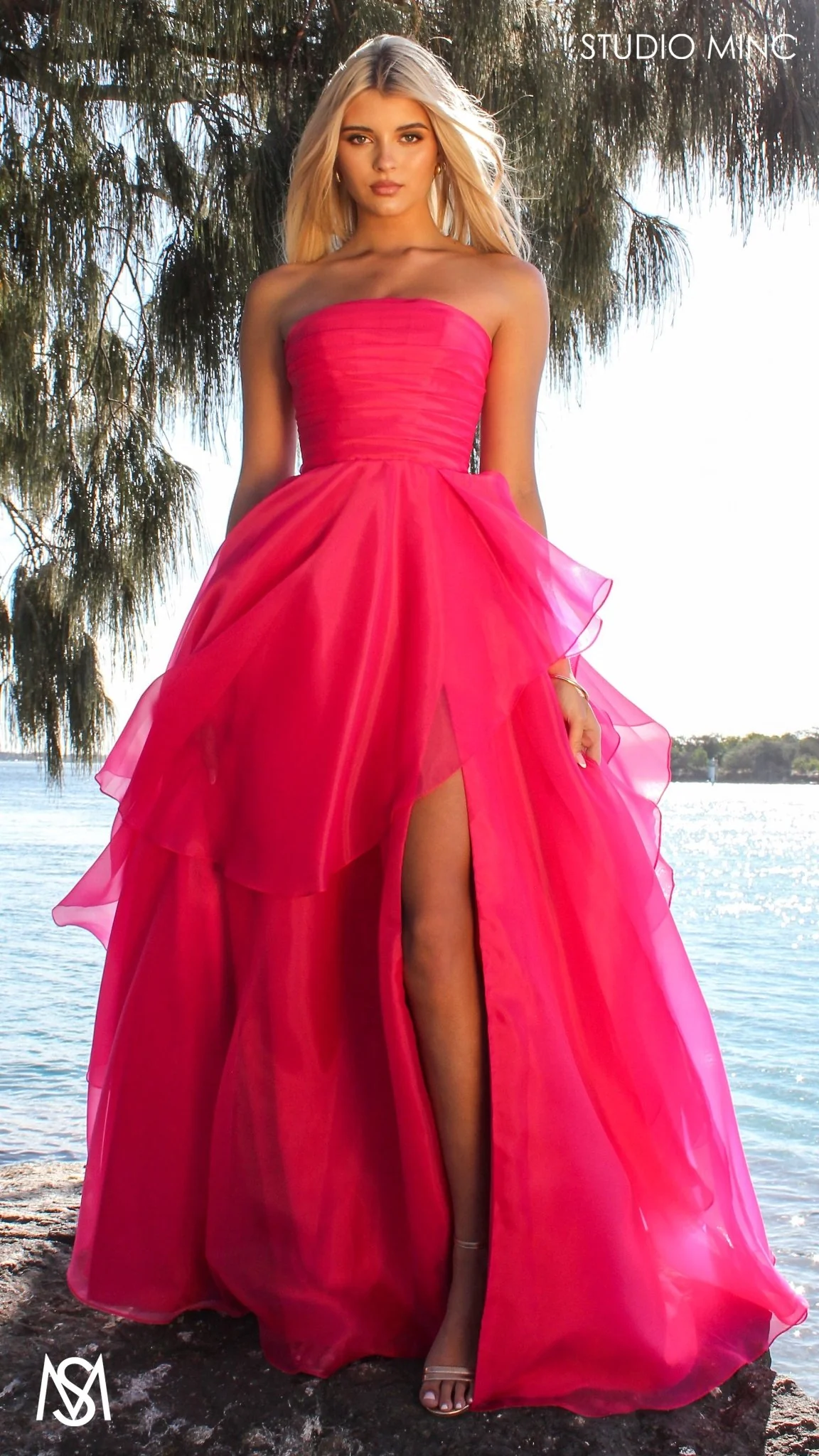 Monaco - Hot Pink Formal Dress | Strapless Corset, Organza layered handkerchief skirt, leg slit - Image 5