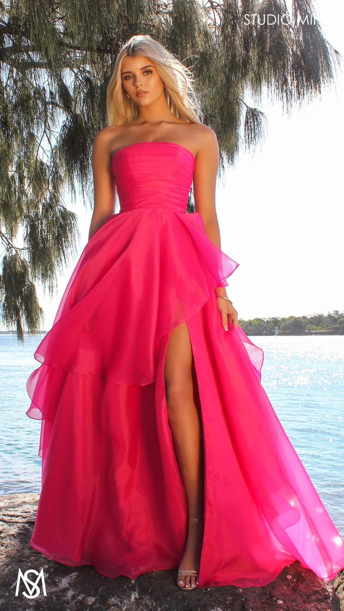 Monaco - Hot Pink Formal Dress | Strapless Corset, Organza layered handkerchief skirt, leg slit - Image 6