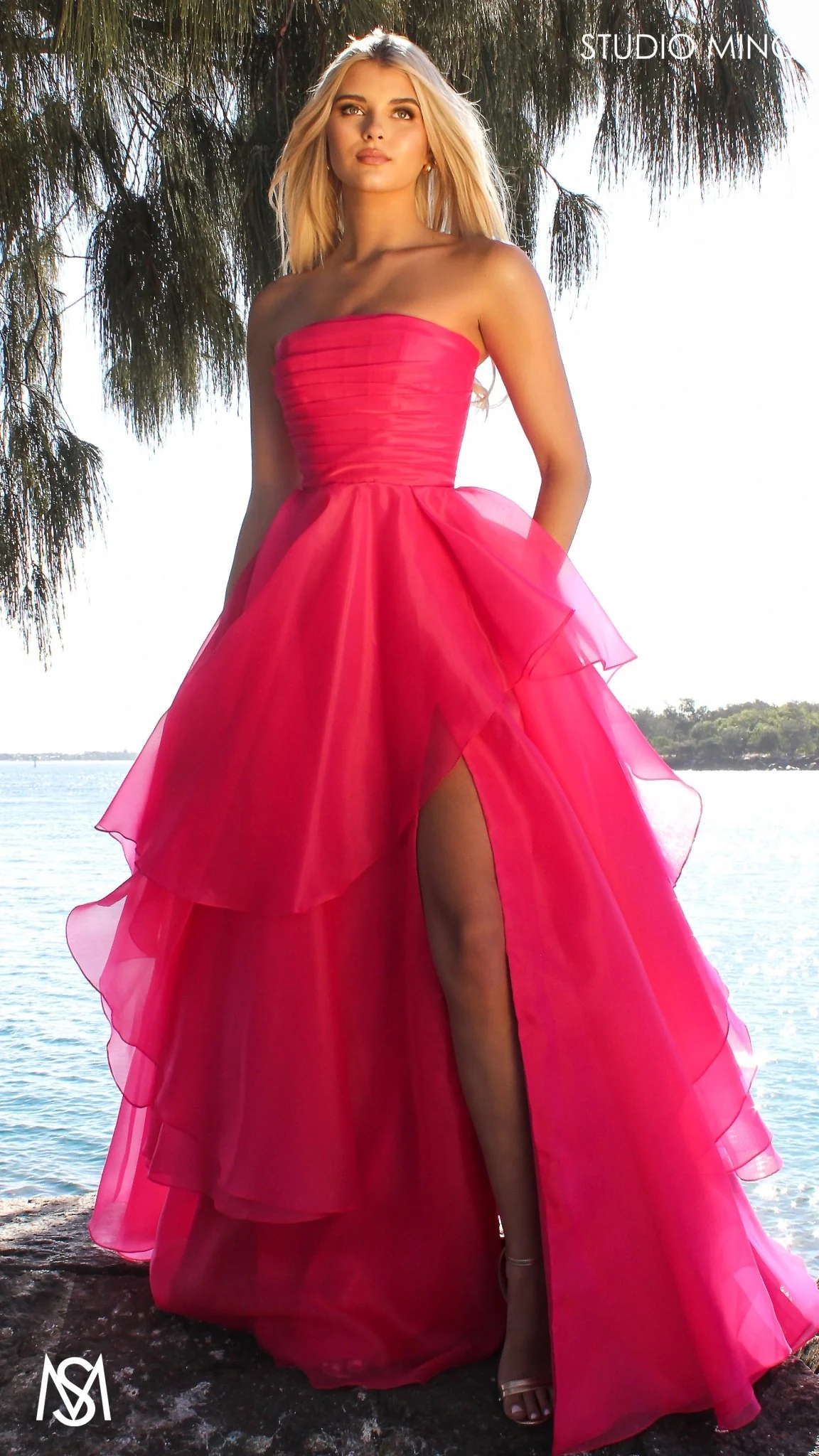 Monaco - Hot Pink Formal Dress | Strapless Corset, Organza layered handkerchief skirt, leg slit - Image 7