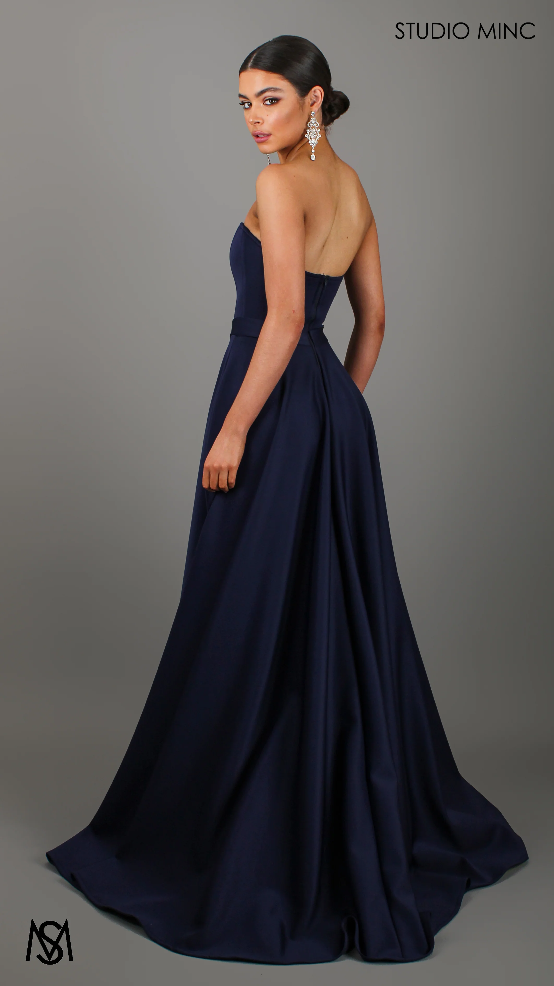 SWEETHEART - Navy Blue Strapless Formal dress with Corset & Full Circle Skirt - Image 3