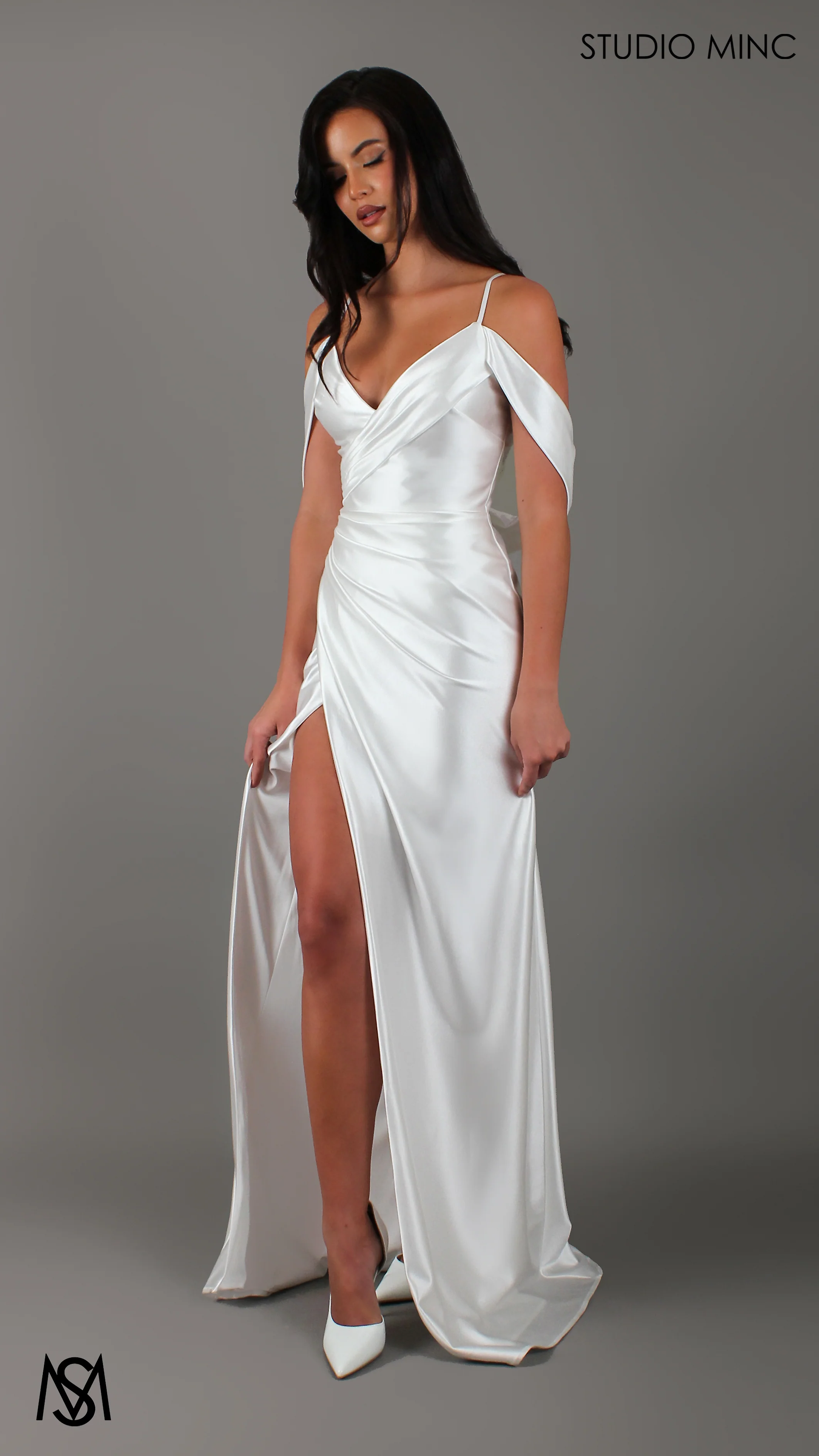 Opulence - White Wedding Dress, Satin V Neckline, arm drapes and leg slit - Image 4
