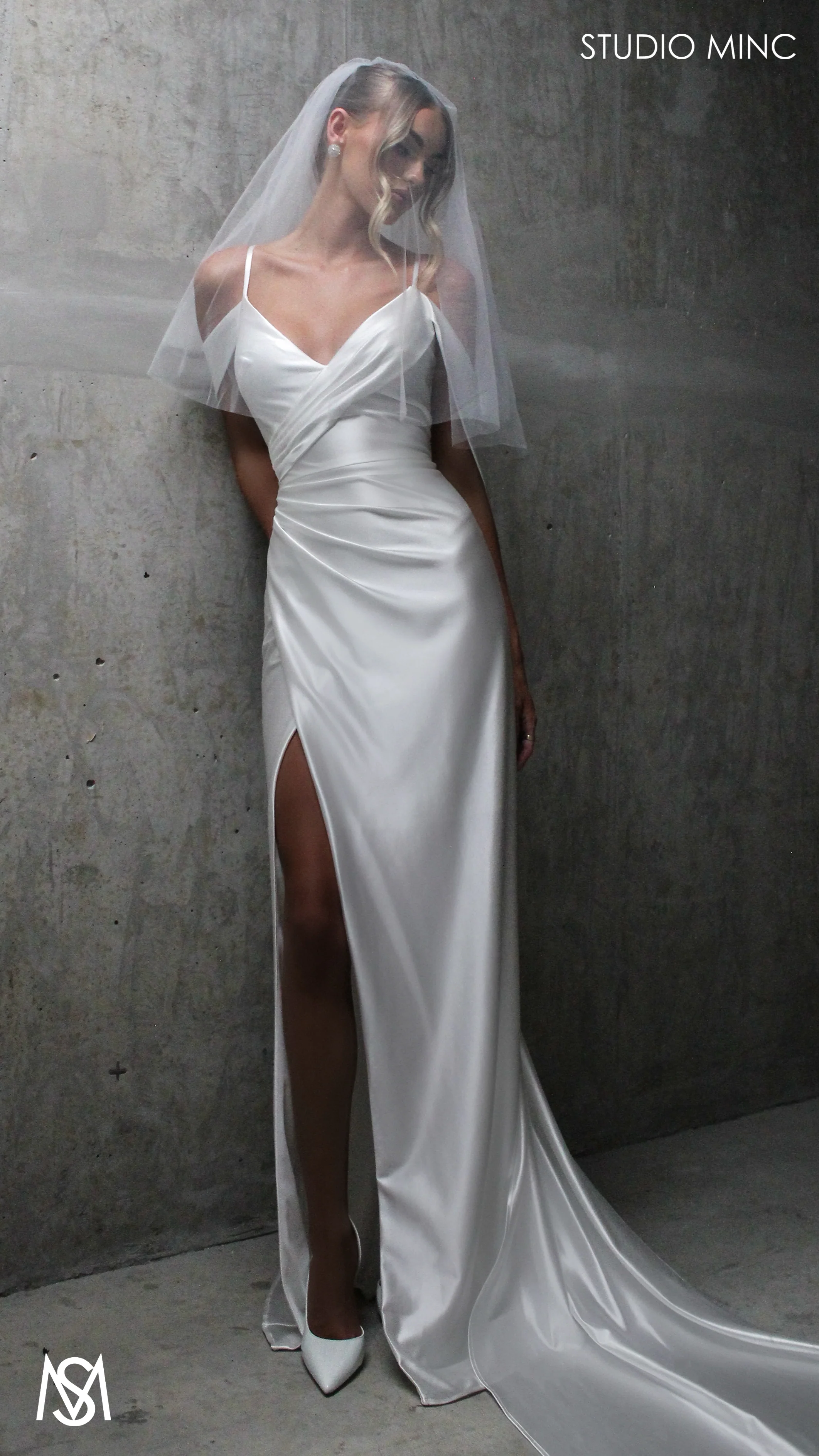 Opulence - White Wedding Dress, Satin V Neckline, arm drapes and leg slit - Image 7