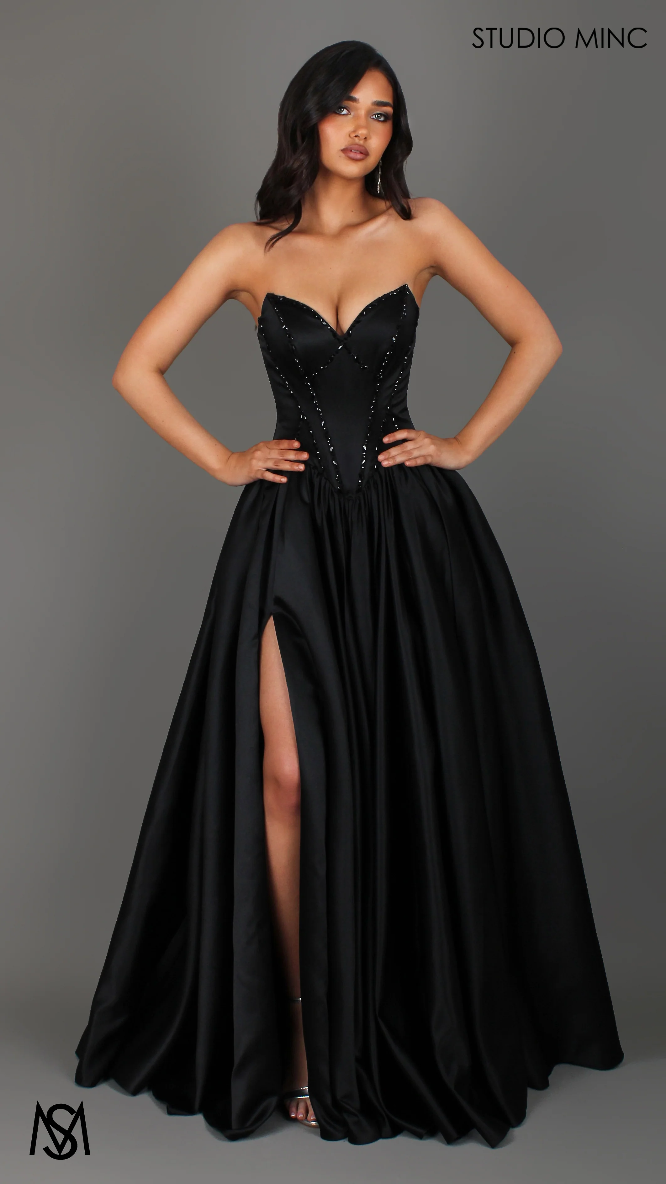 Palais - Black Formal Dress, drop waist gown hand beaded, basque waist corset - Image 3