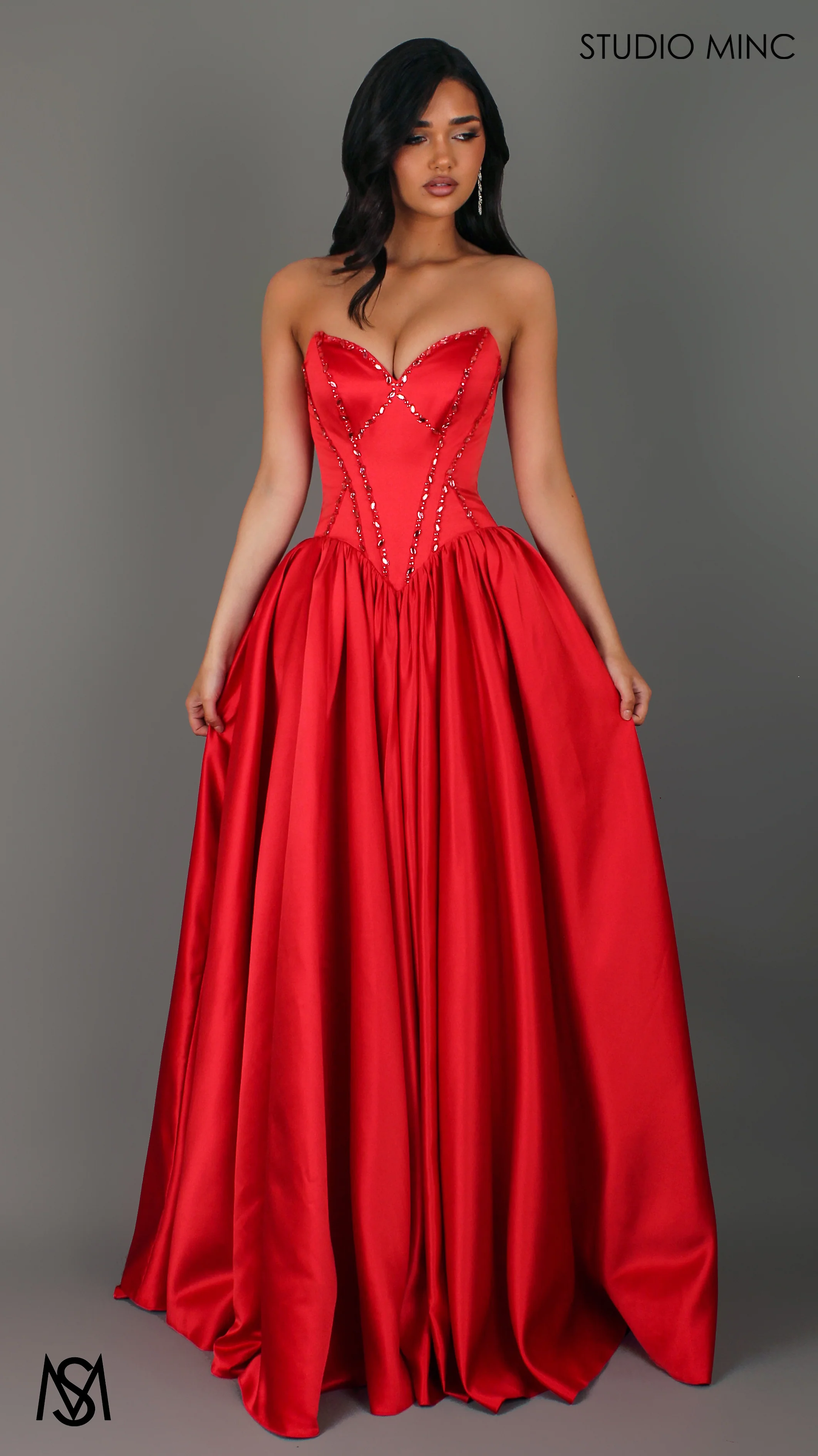 Palais - Red Formal Dress, drop waist gown hand beaded, basque waist corset - Image 3