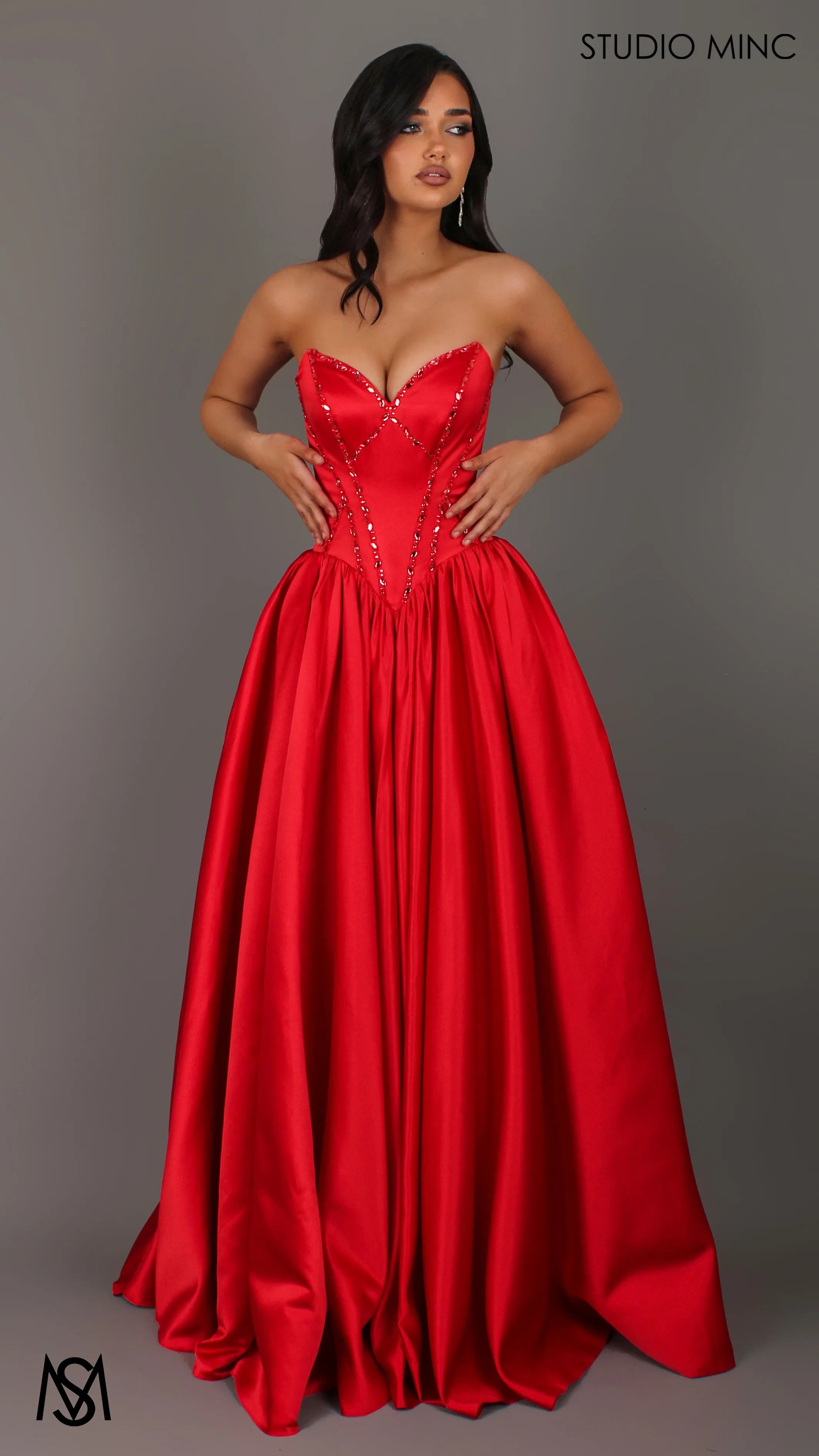 Palais - Red Formal Dress, drop waist gown hand beaded, basque waist corset - Image 6