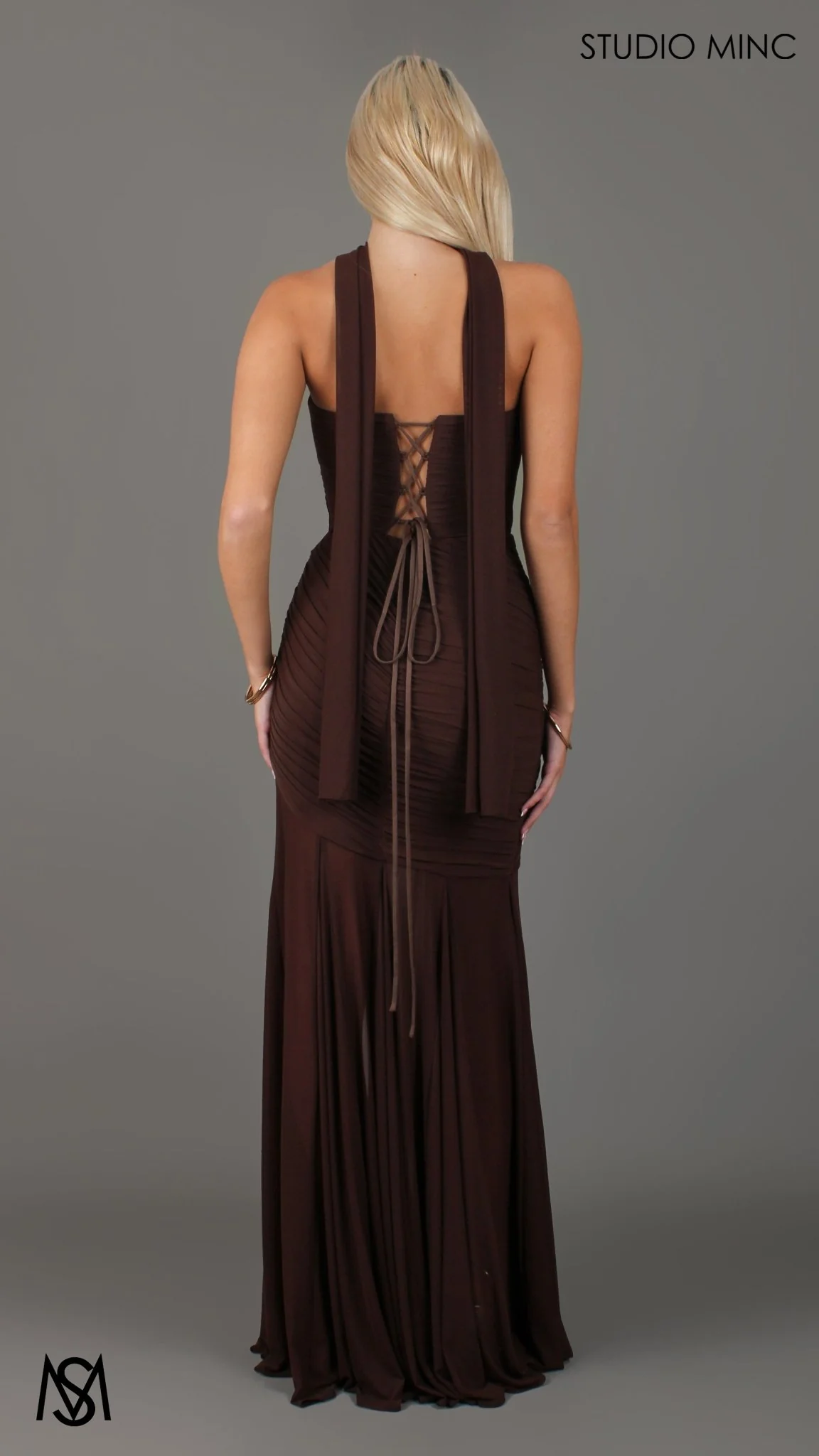 Paloma - Chocolate Brown Formal Dress, Strapless Corset mermaid, Sheer net, with Scarf - Image 3