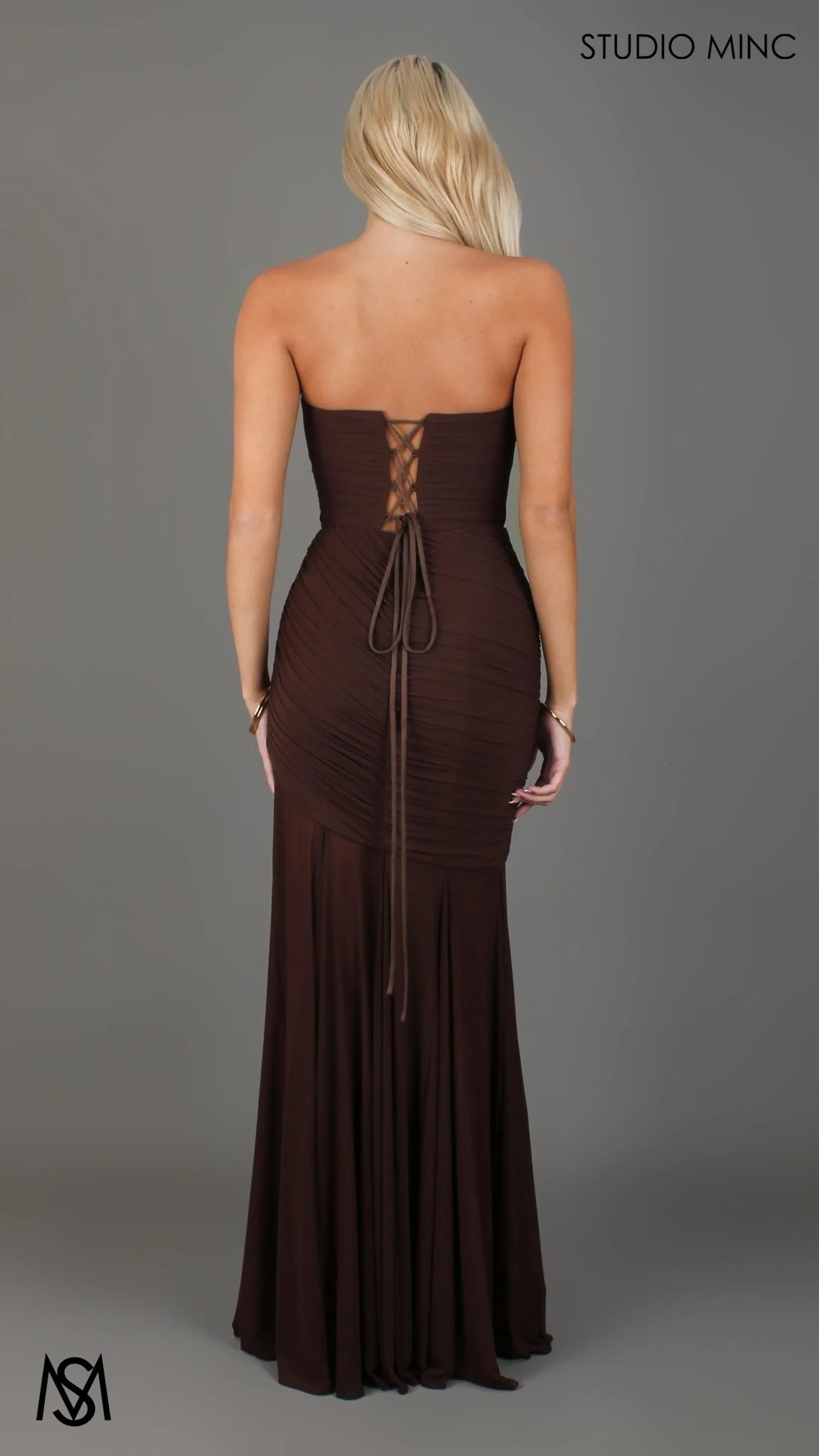 Paloma - Chocolate Brown Formal Dress, Strapless Corset mermaid, Sheer net, with Scarf - Image 5