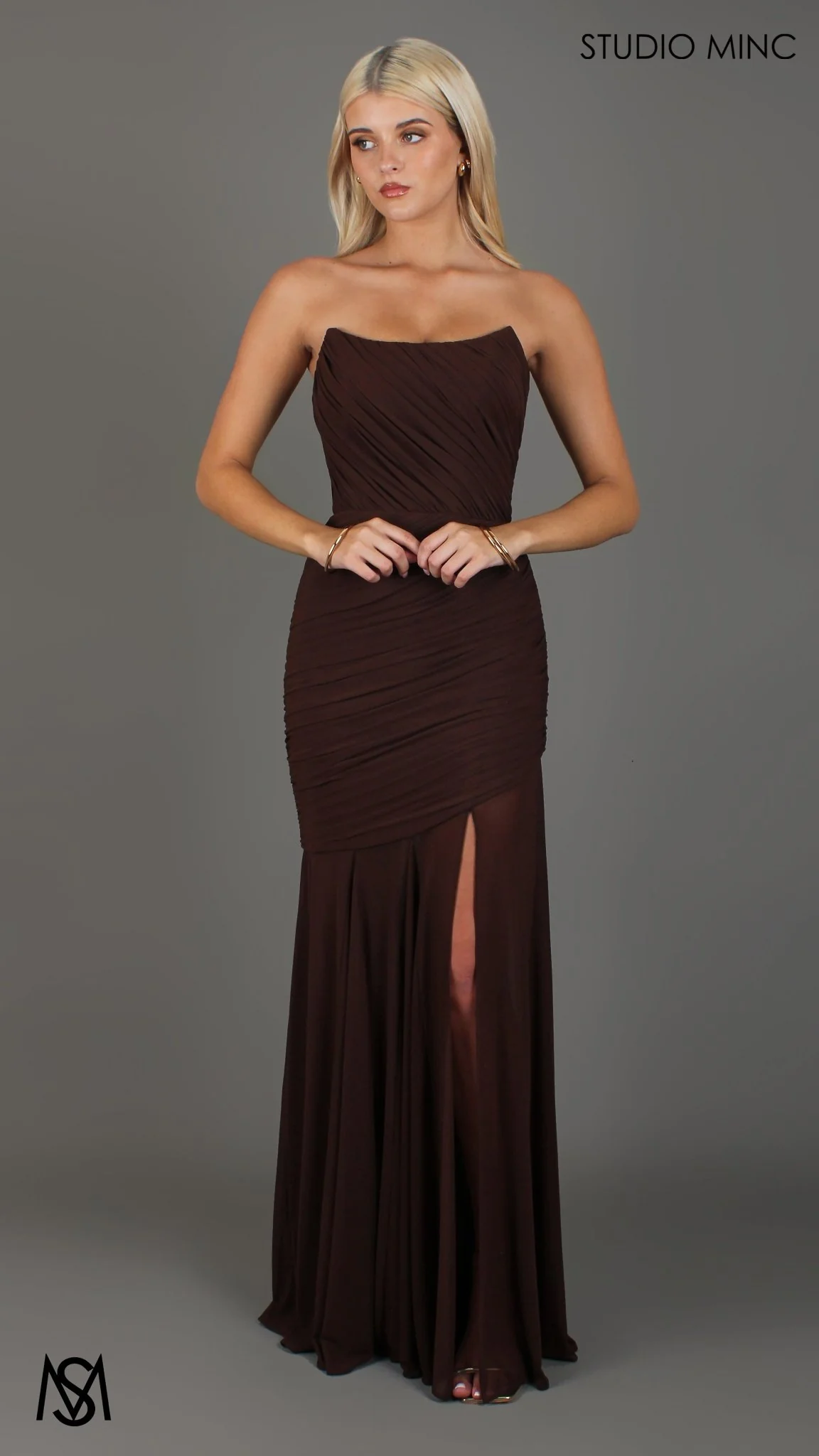 Paloma - Chocolate Brown Formal Dress, Strapless Corset mermaid, Sheer net, with Scarf - Image 6