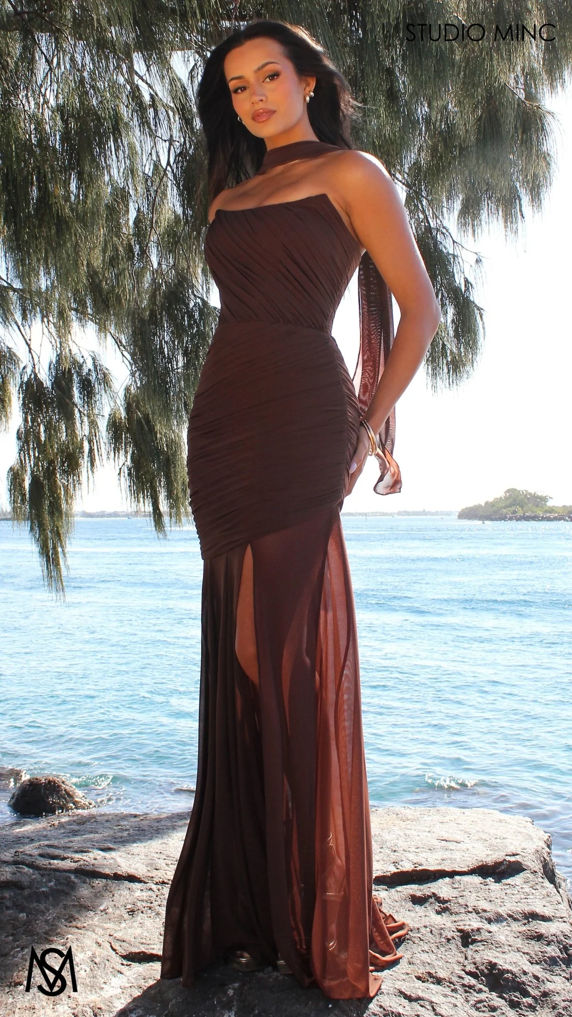 Paloma - Chocolate Brown Formal Dress, Strapless Corset mermaid, Sheer net, with Scarf - Image 7