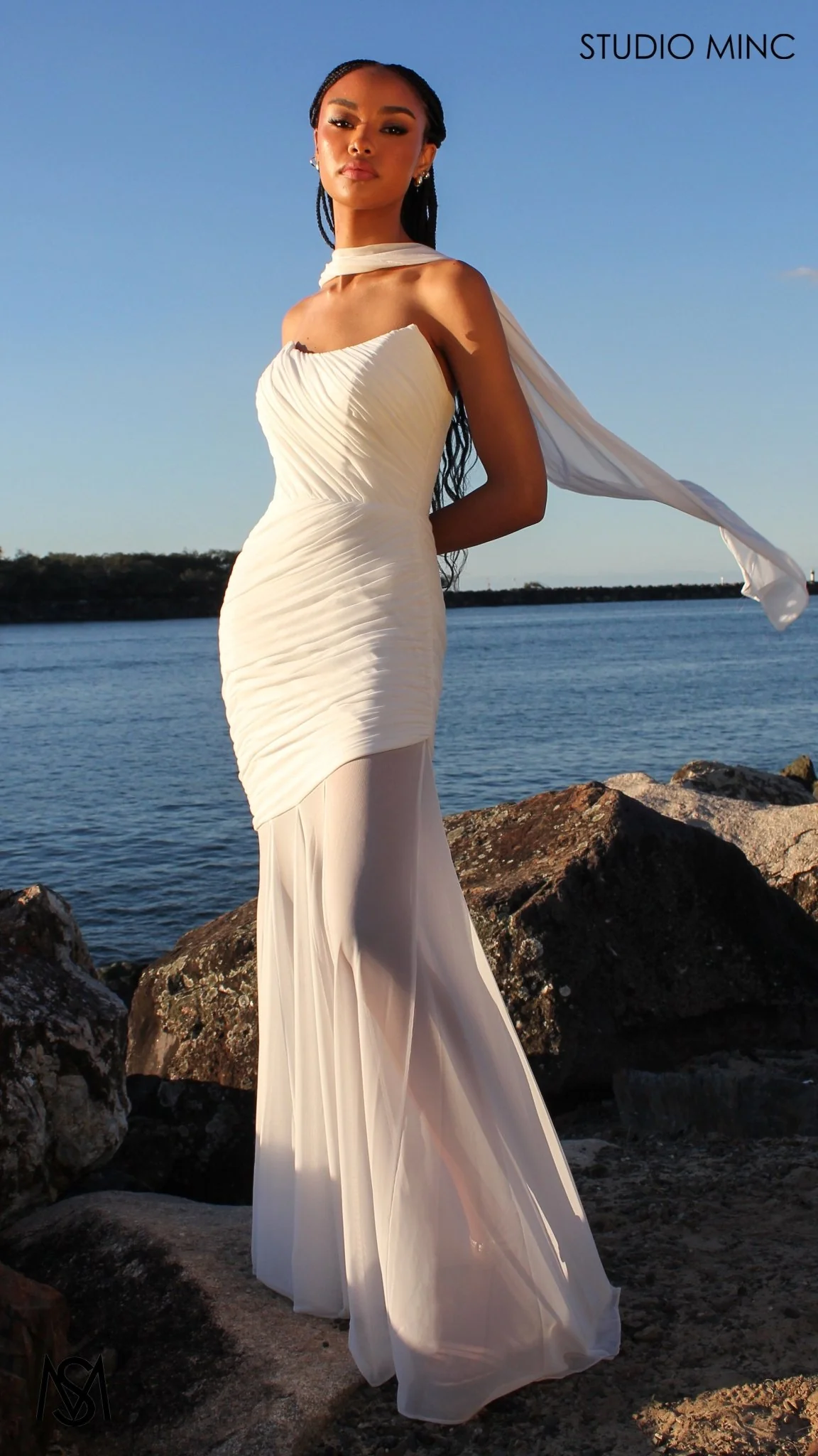 Paloma - White Maxi Dress | Strapless Corset, Sheer net, with Scarf,  Bridal and Formal - Image 5