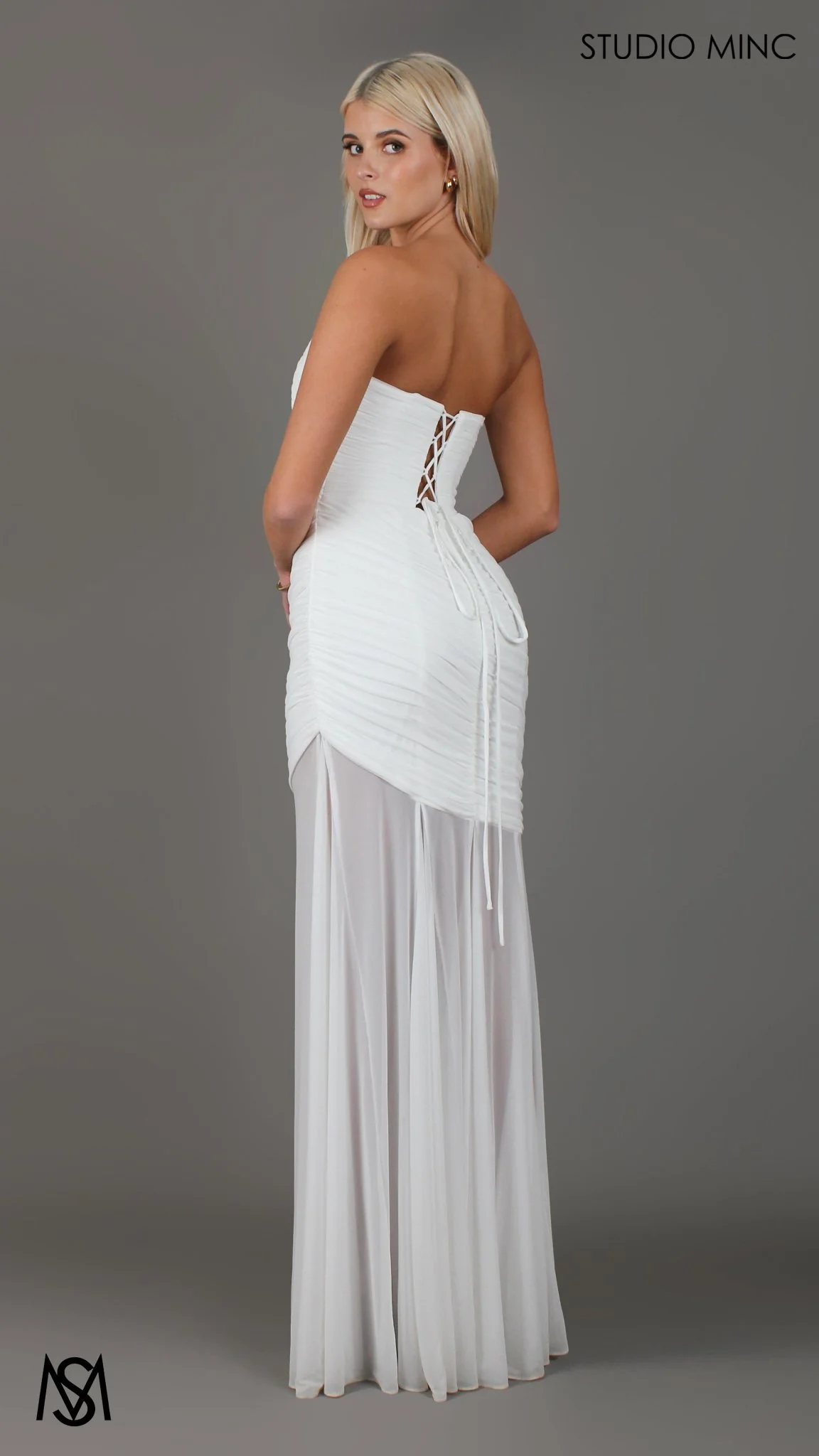 Paloma - White Maxi Dress | Strapless Corset, Sheer net, with Scarf,  Bridal and Formal - Image 6
