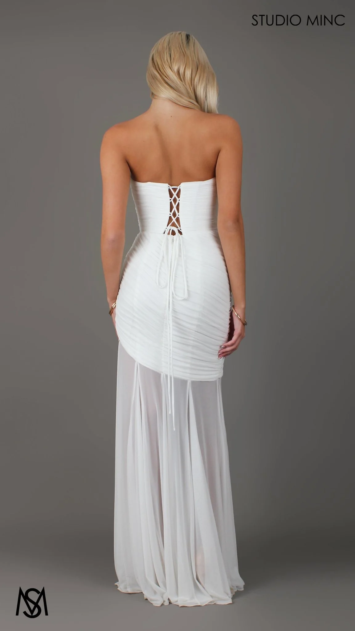 Paloma - White Maxi Dress | Strapless Corset, Sheer net, with Scarf,  Bridal and Formal - Image 8