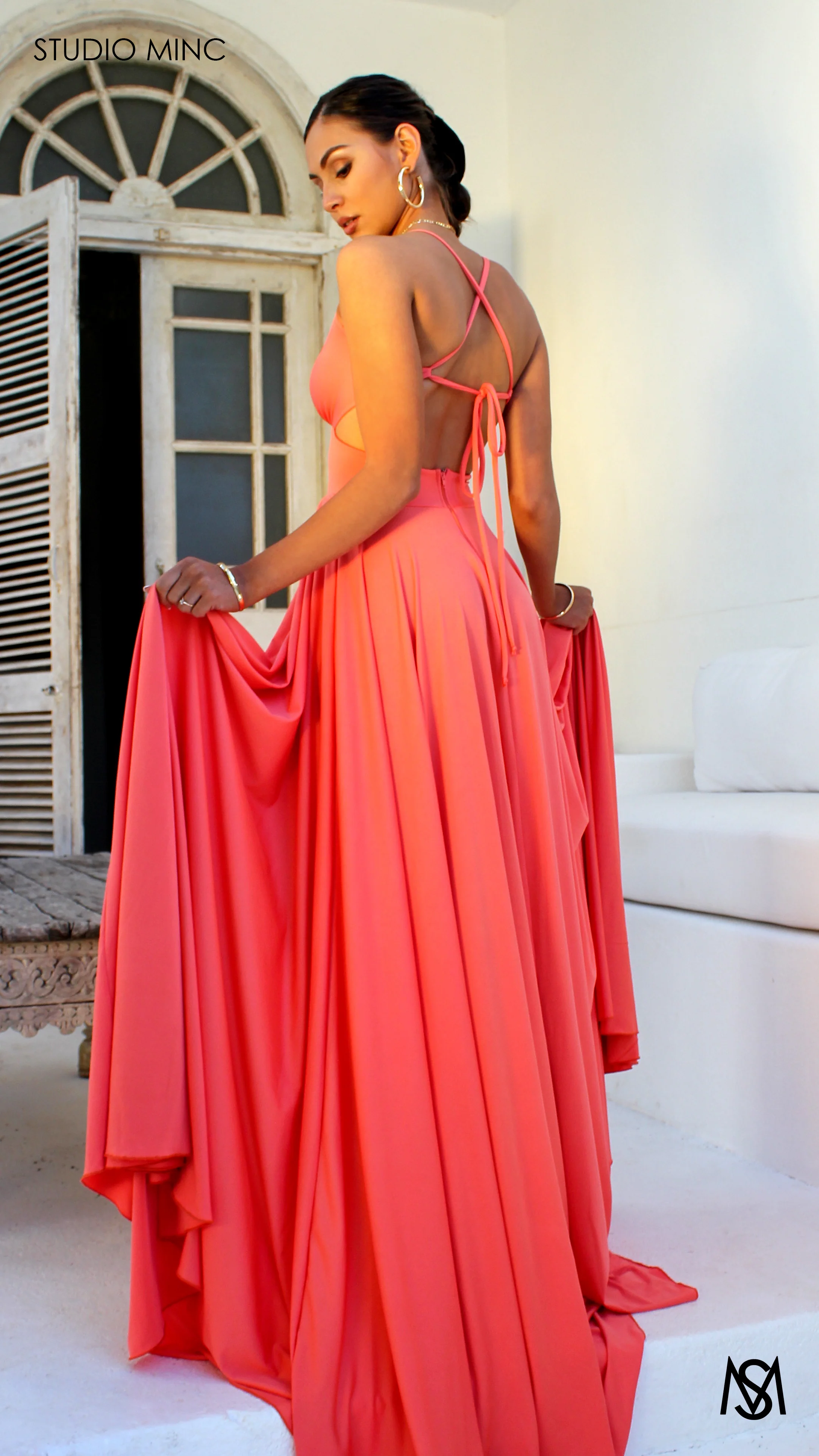 COSMO - Peach Formal Dress with Leg Split & Cut Outs - Image 3