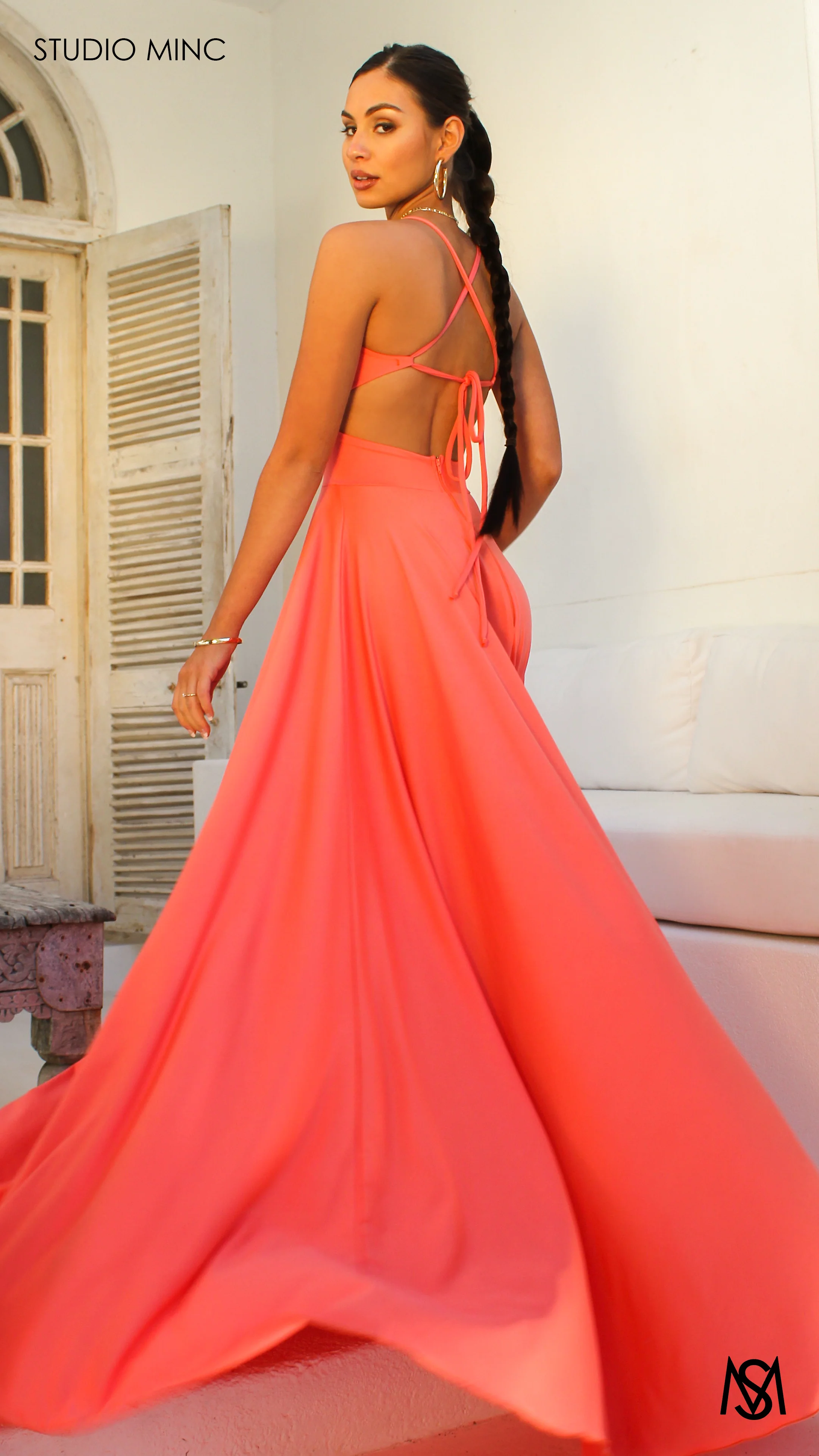 COSMO - Peach Formal Dress with Leg Split & Cut Outs - Image 5