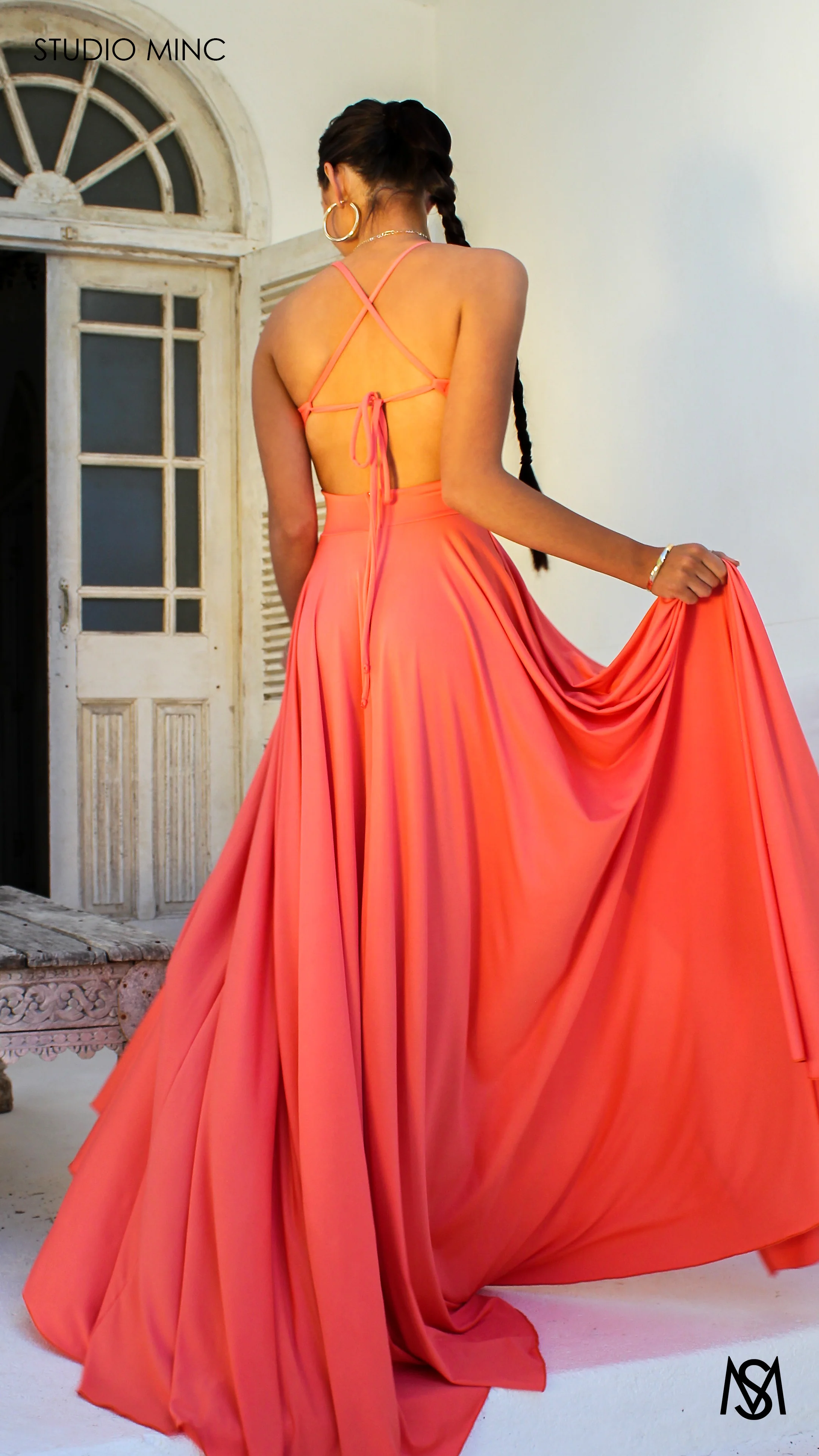 COSMO - Peach Formal Dress with Leg Split & Cut Outs - Image 7