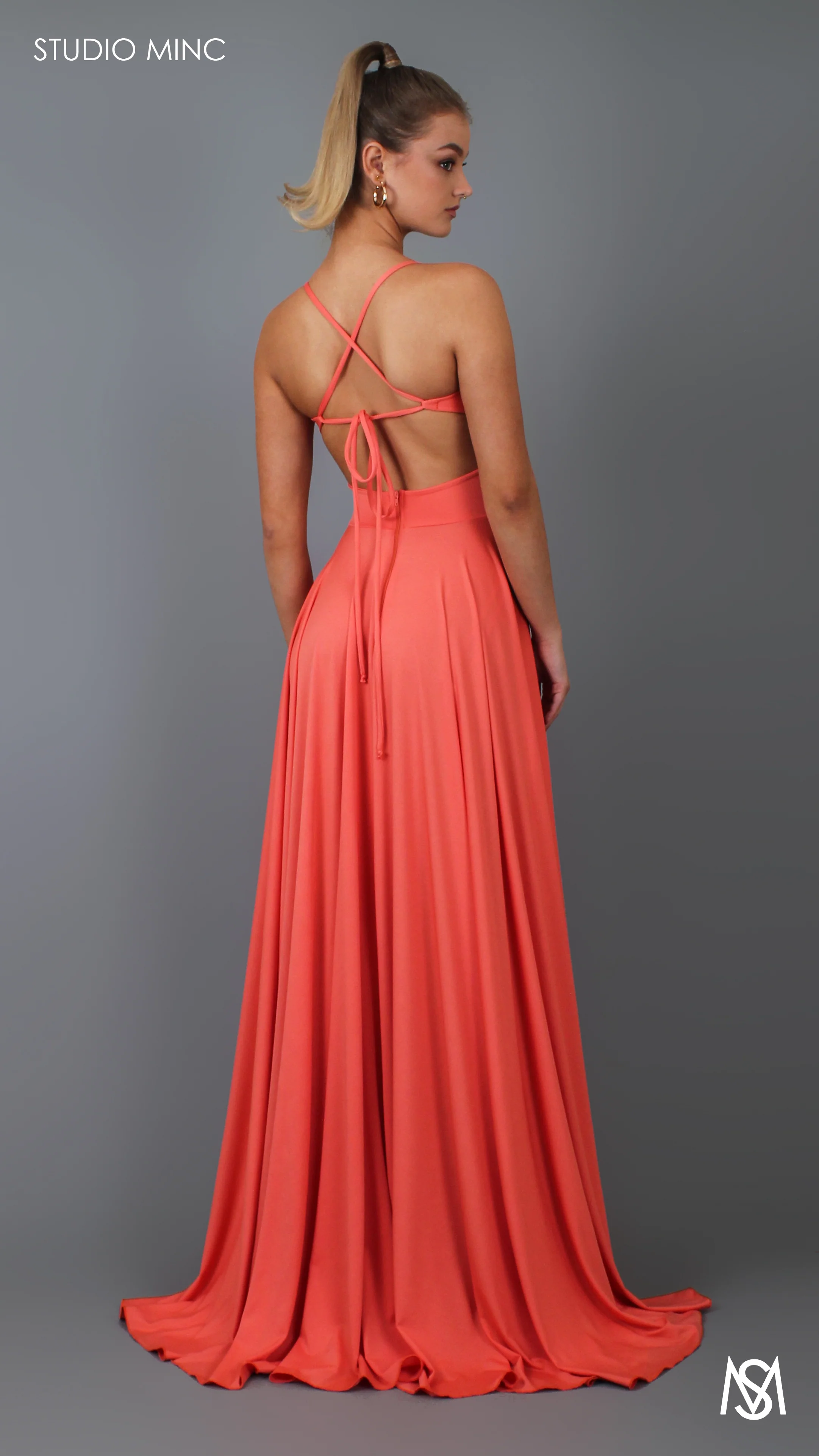 COSMO - Peach Formal Dress with Leg Split & Cut Outs - Image 9