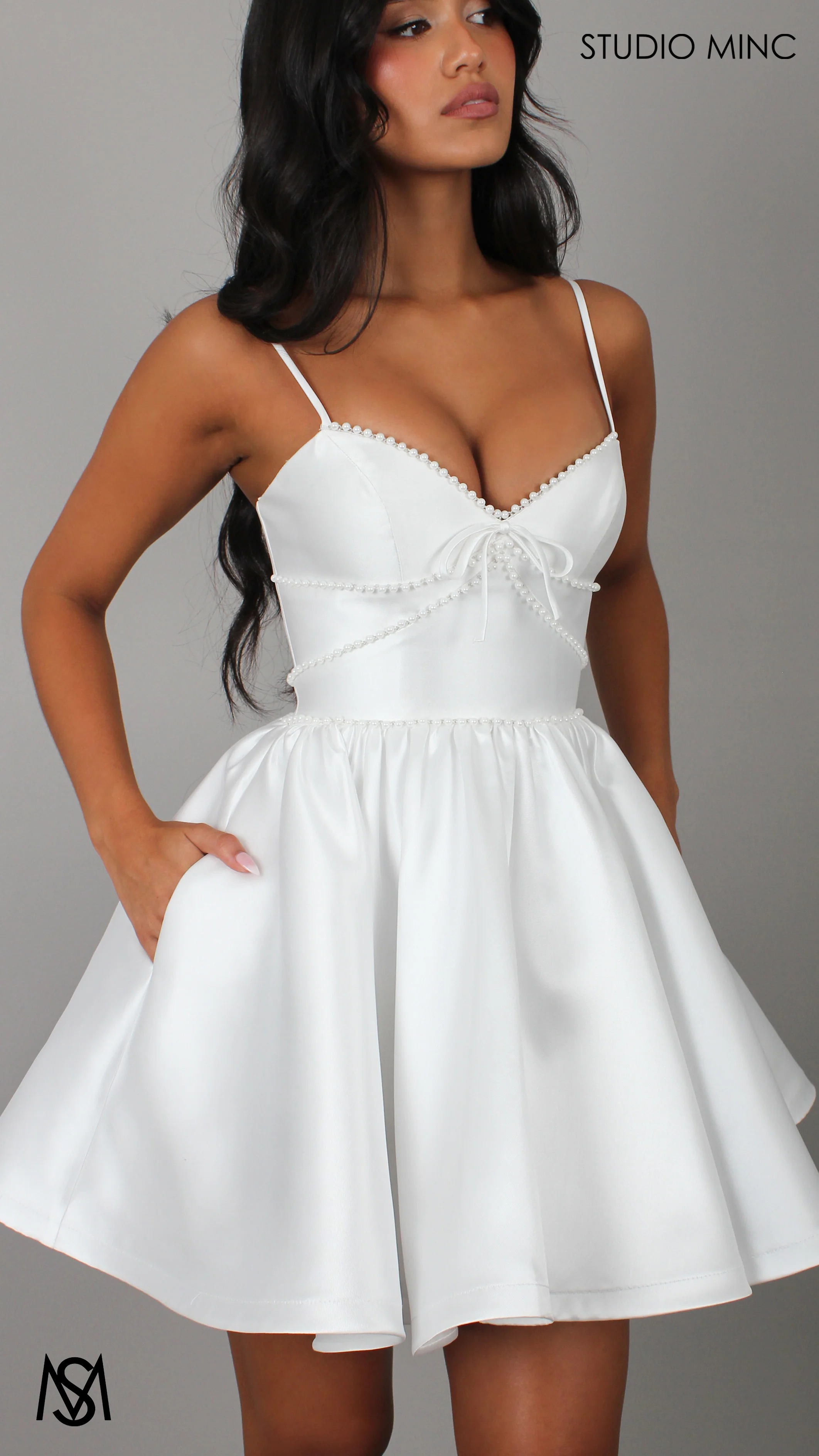 Petite - Bridal Mini | White Satin V neck, Corset, Pearl trim, Party Dress - Image 3