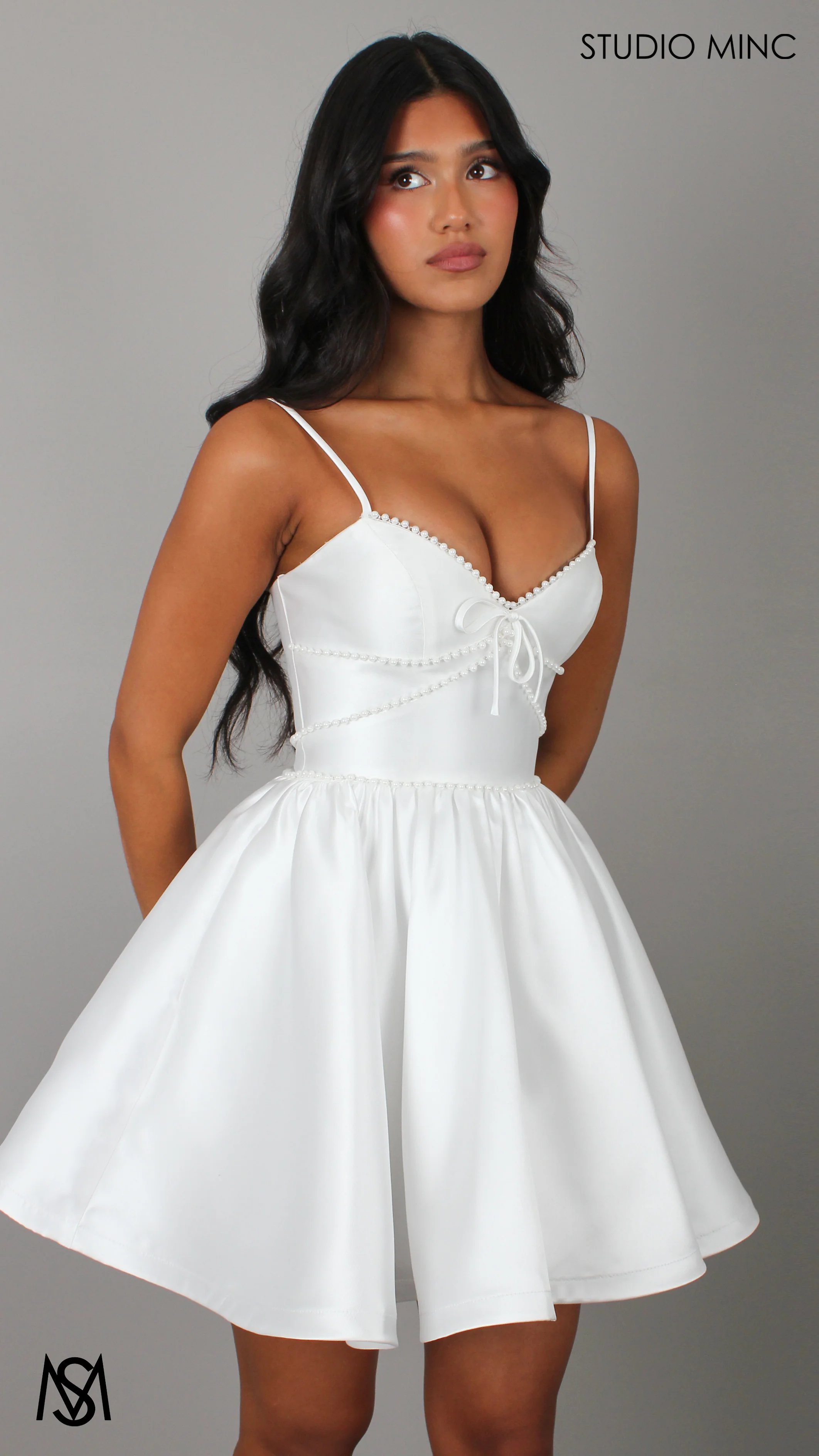 Petite - Bridal Mini | White Satin V neck, Corset, Pearl trim, Party Dress - Image 6