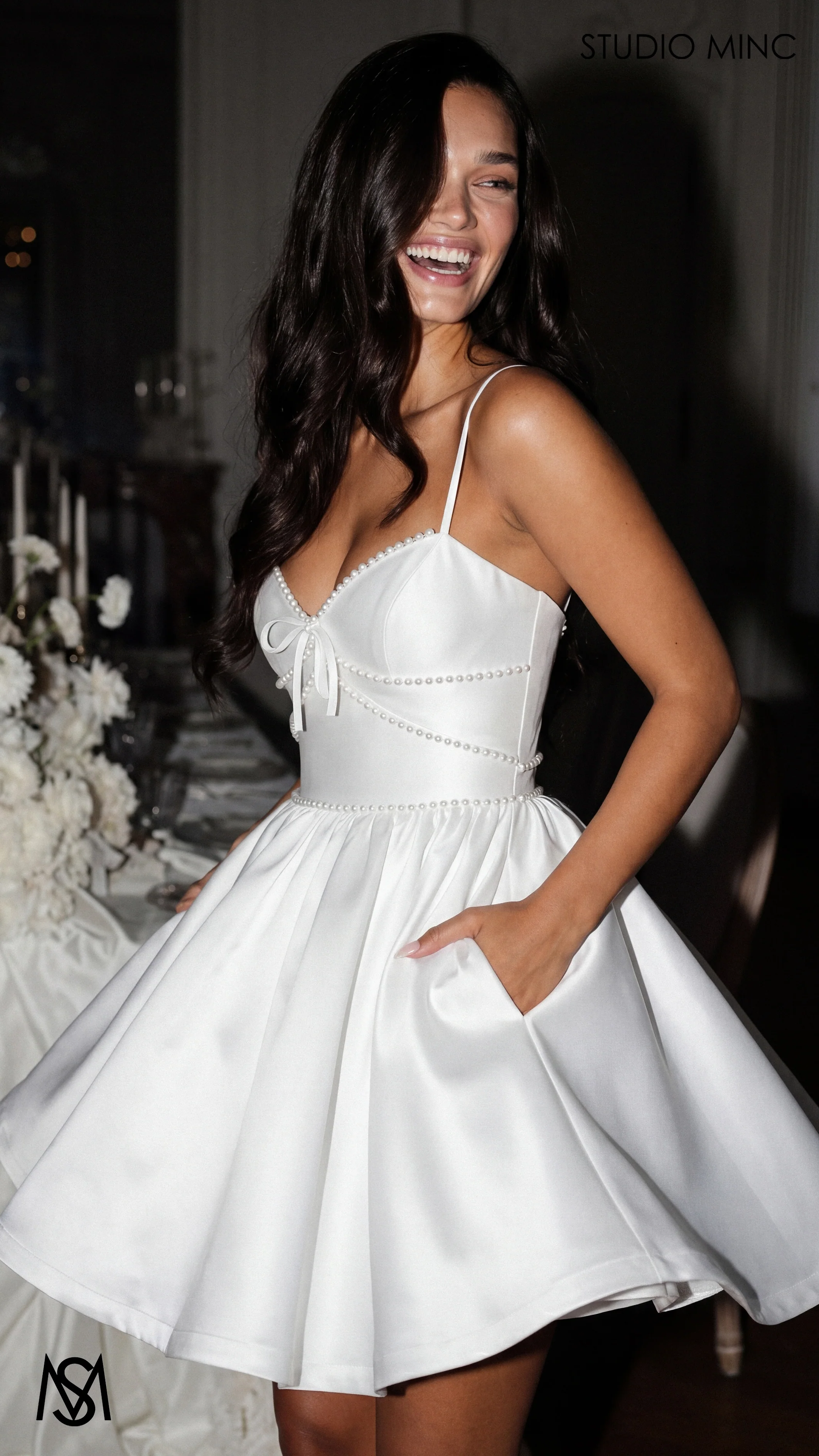 Petite - Bridal Mini | White Satin V neck, Corset, Pearl trim, Party Dress - Image 7