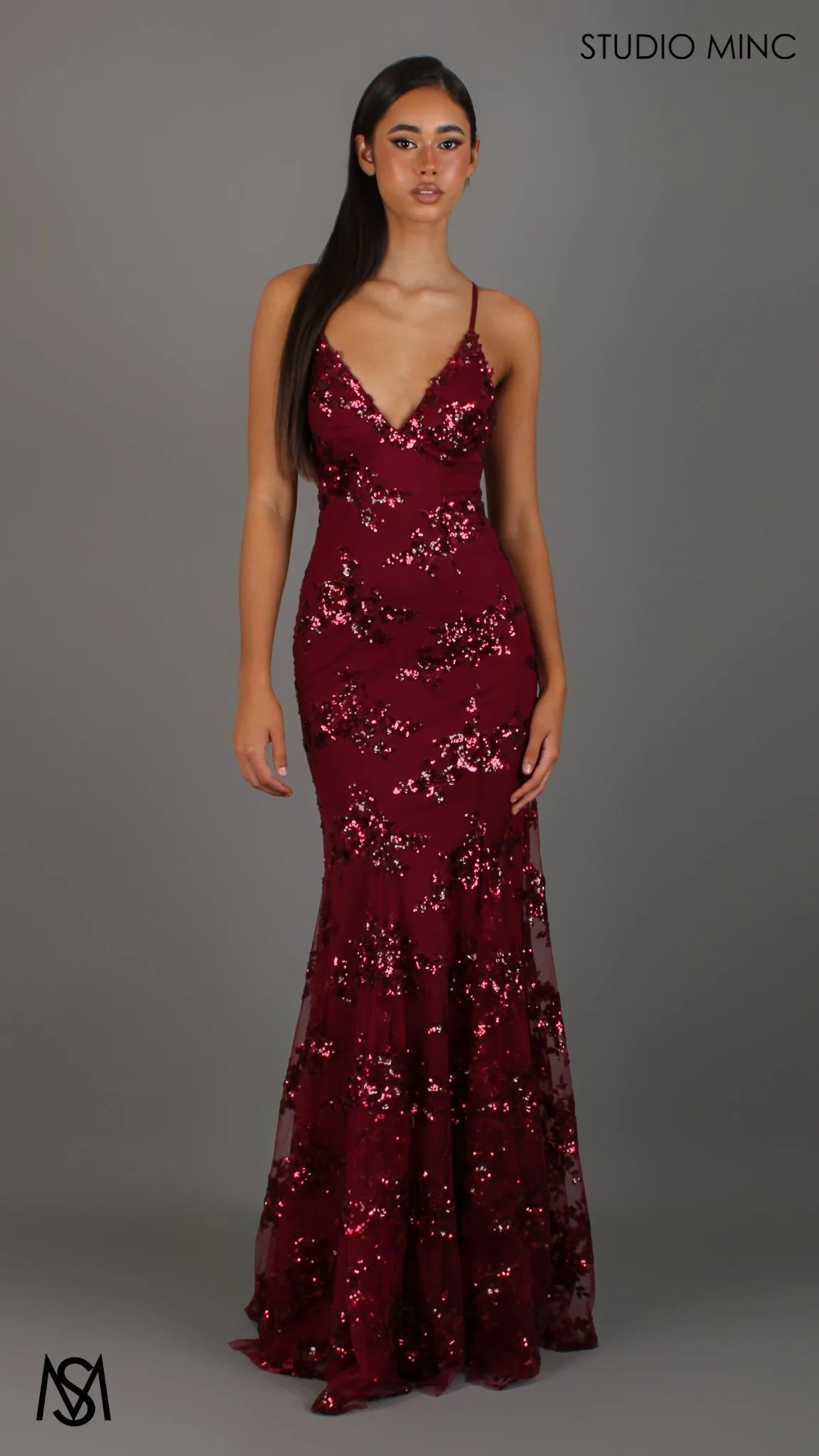 Poetry - Cherry Red formal dress | Sequin Floral V neckline fitted backless mermaid lace up - Image 3