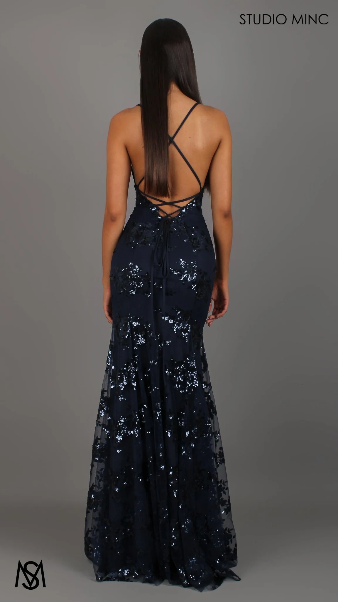 Poetry - Navy Blue formal dress | Sequin Floral V neckline fitted backless mermaid lace up - Image 2