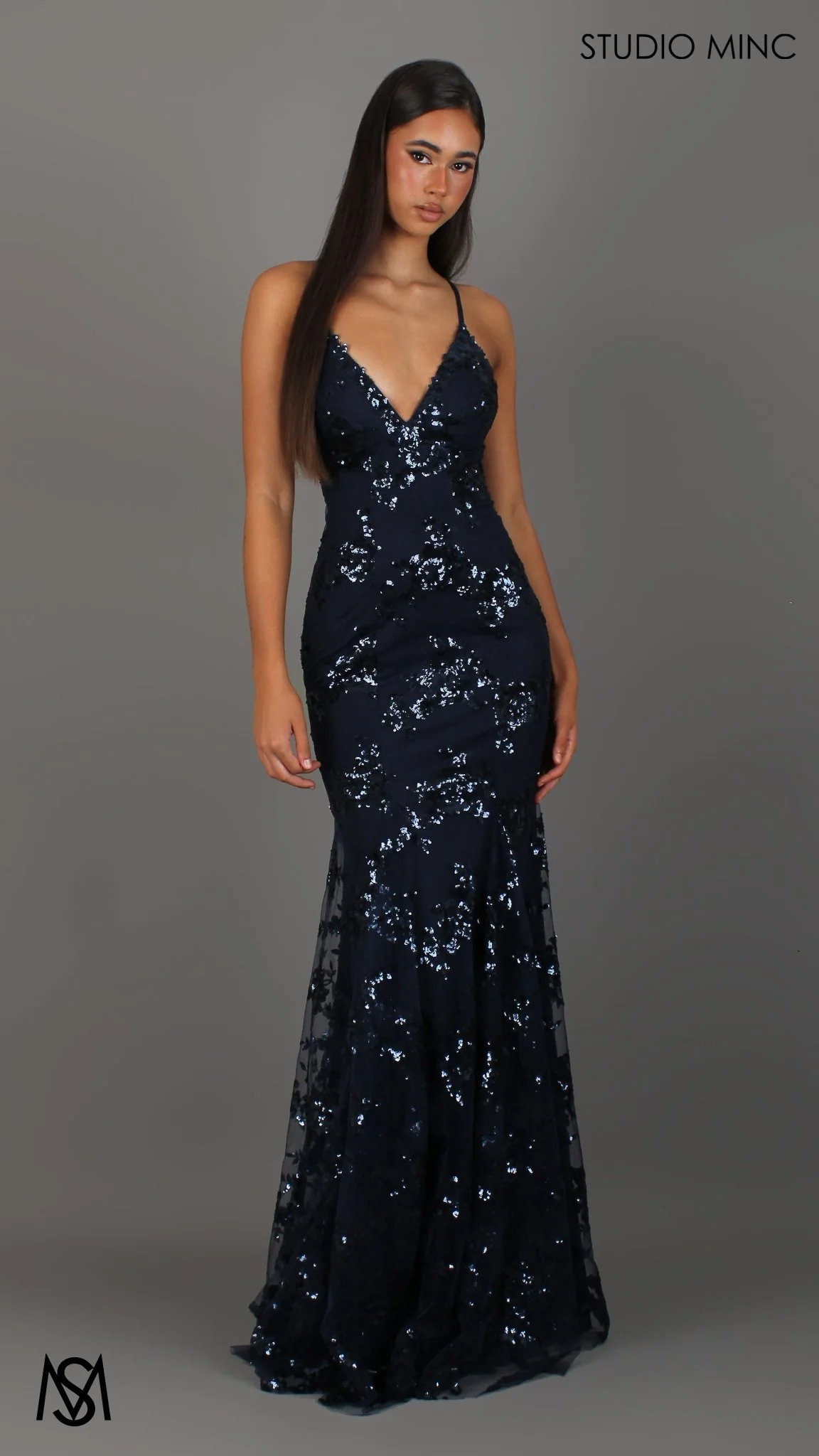 Poetry - Navy Blue formal dress | Sequin Floral V neckline fitted backless mermaid lace up - Image 3