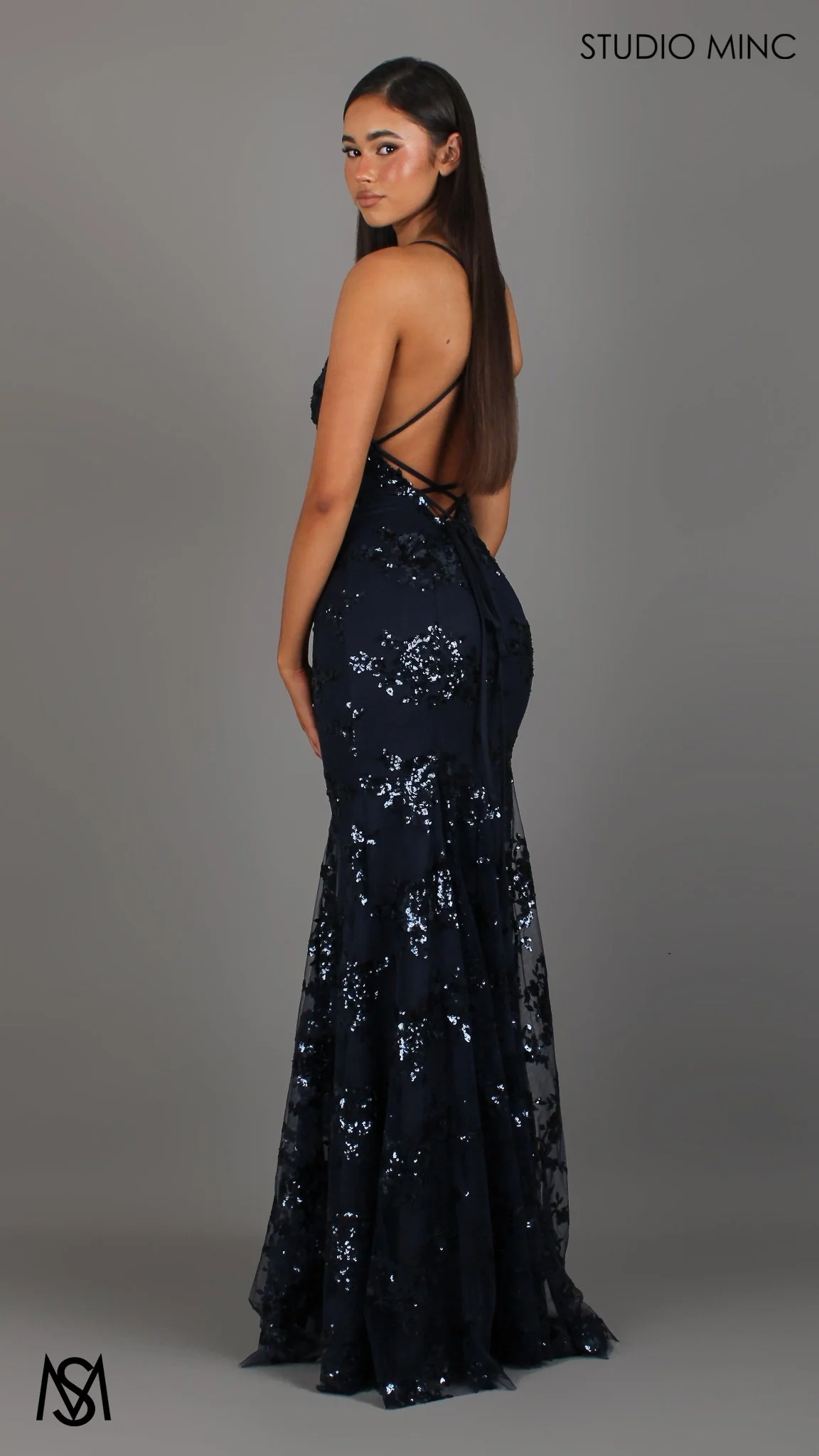 Poetry - Navy Blue formal dress | Sequin Floral V neckline fitted backless mermaid lace up - Image 4