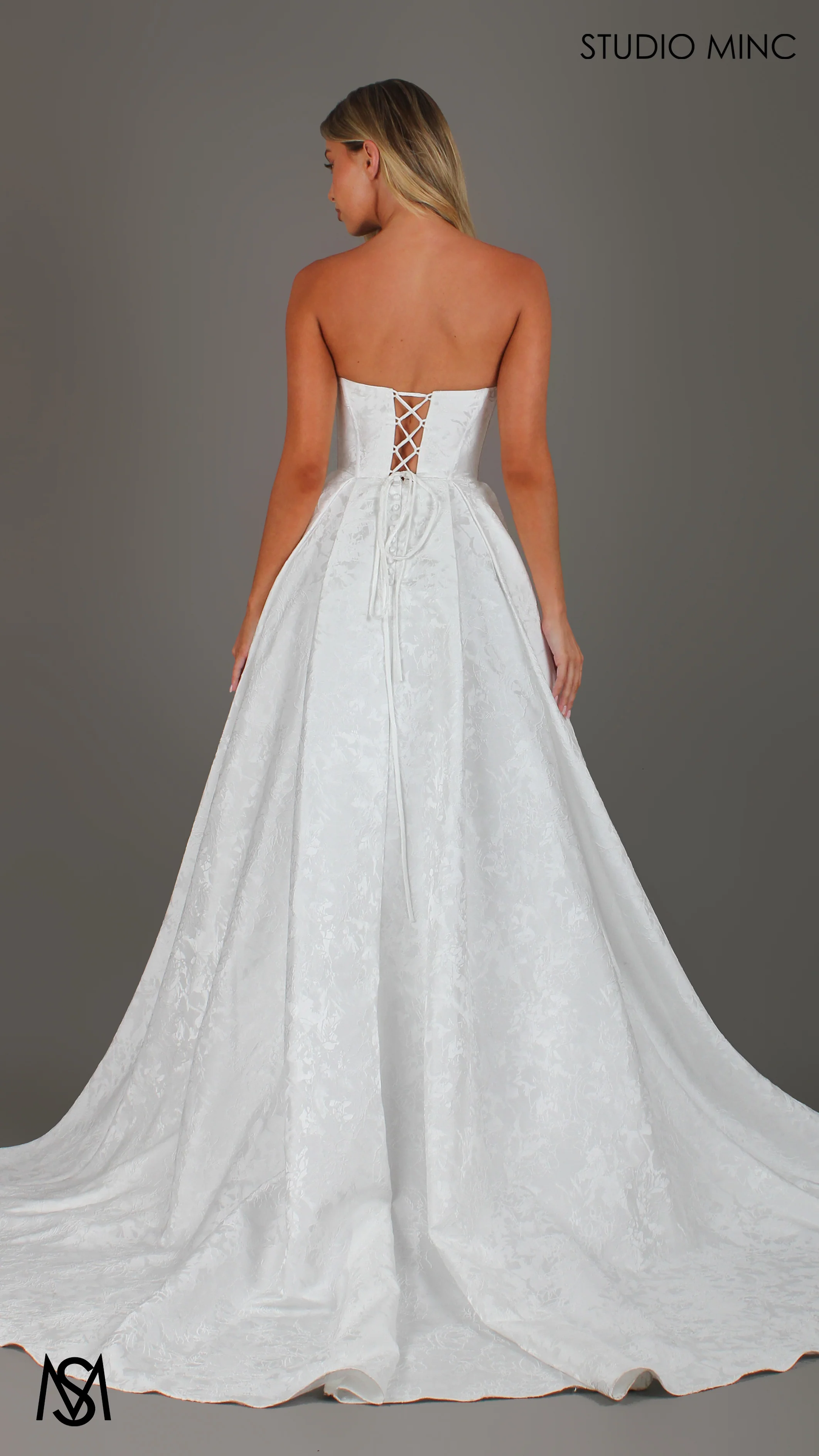 POSIE BRIDE - Wedding Dress, Strapless Basque waist Corset, Bra Cups, Satin embossed floral Gown - Image 5