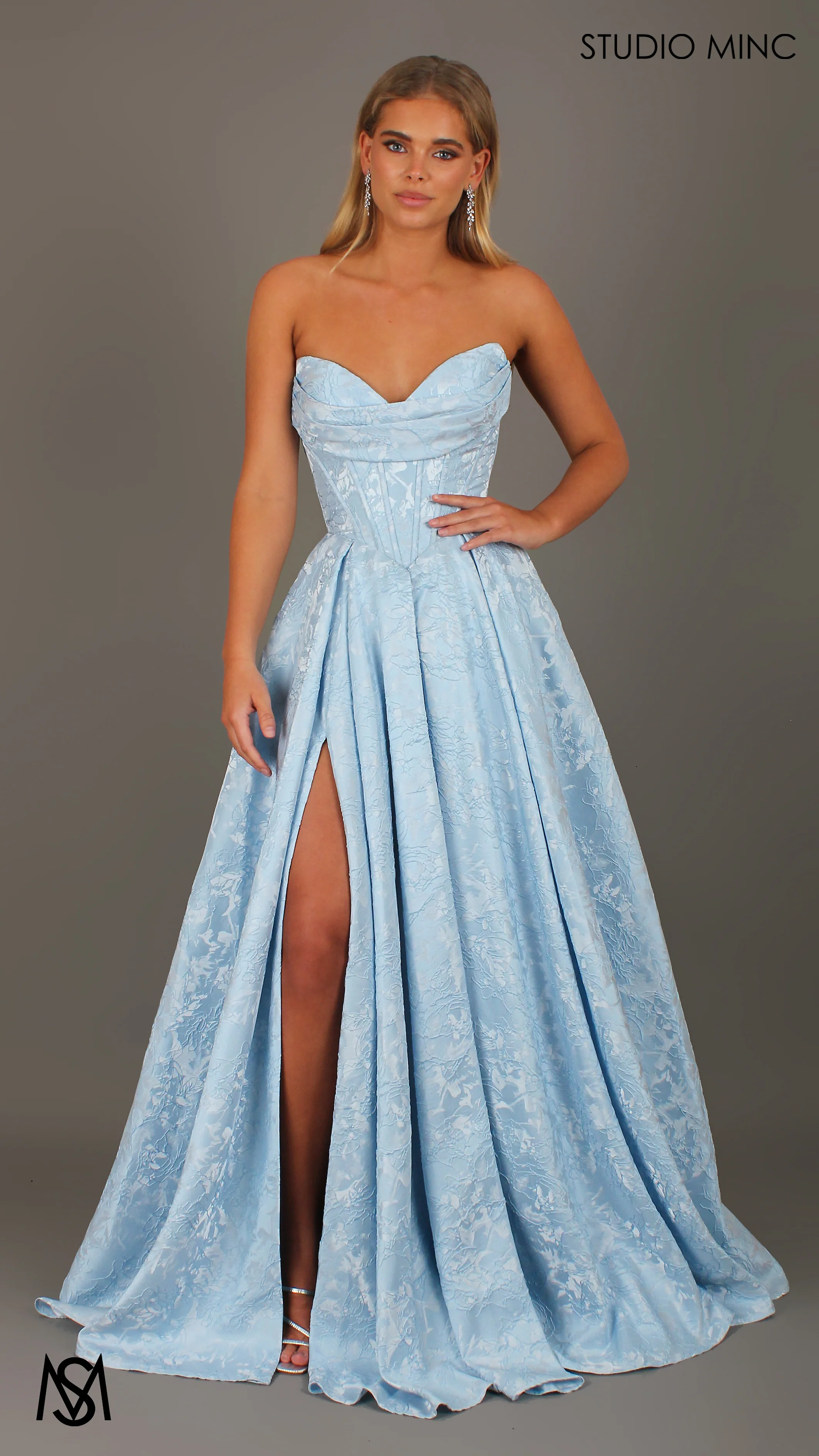 POSIE - Light Blue Formal Dress, Strapless Basque waist Corset, Bra Cups, Satin embossed floral Gown - Image 3