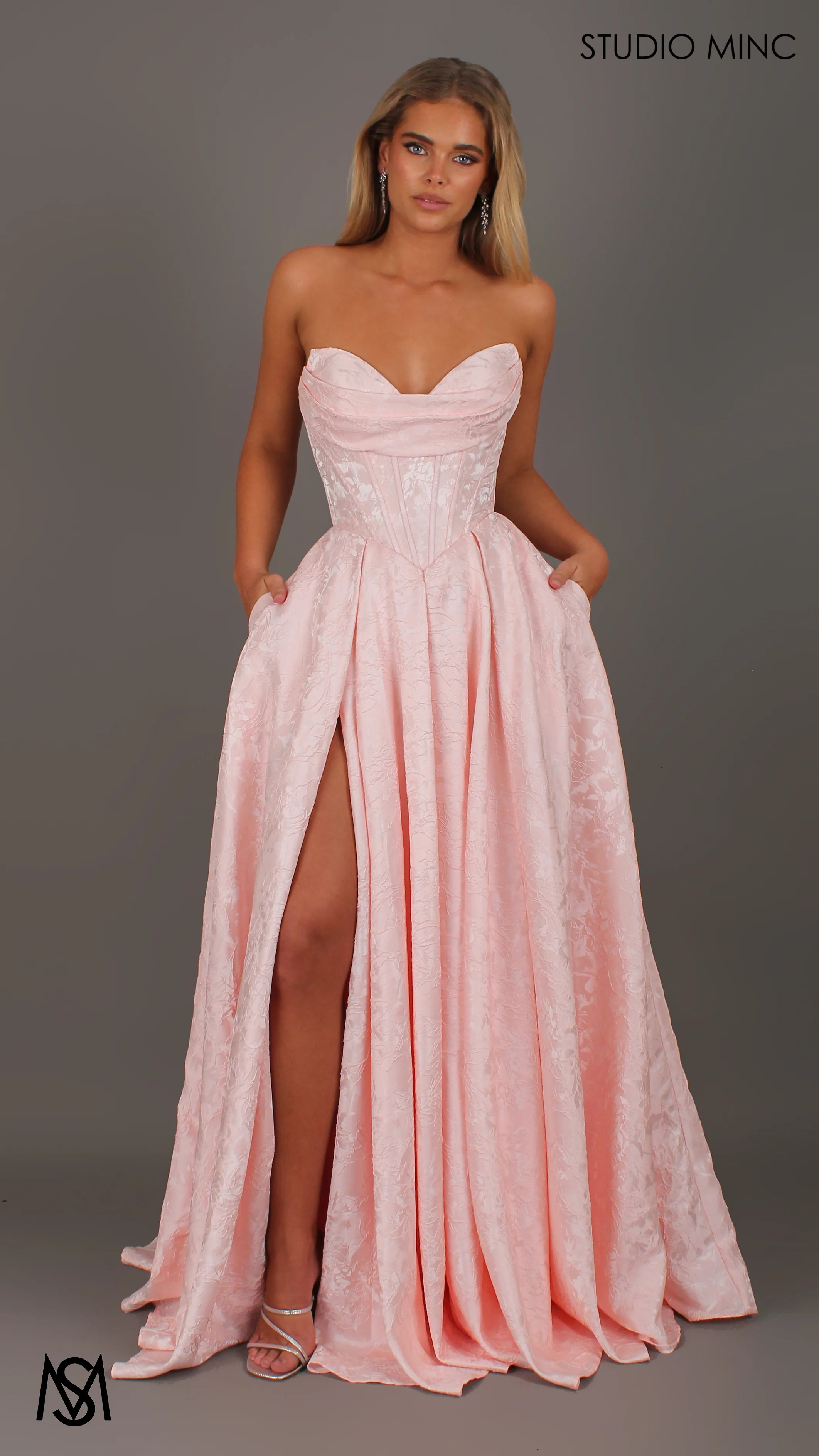 POSIE - Light pink Formal Dress, Strapless Basque waist Corset Beaded Bra Cups, Satin embossed floral Gown - Image 3