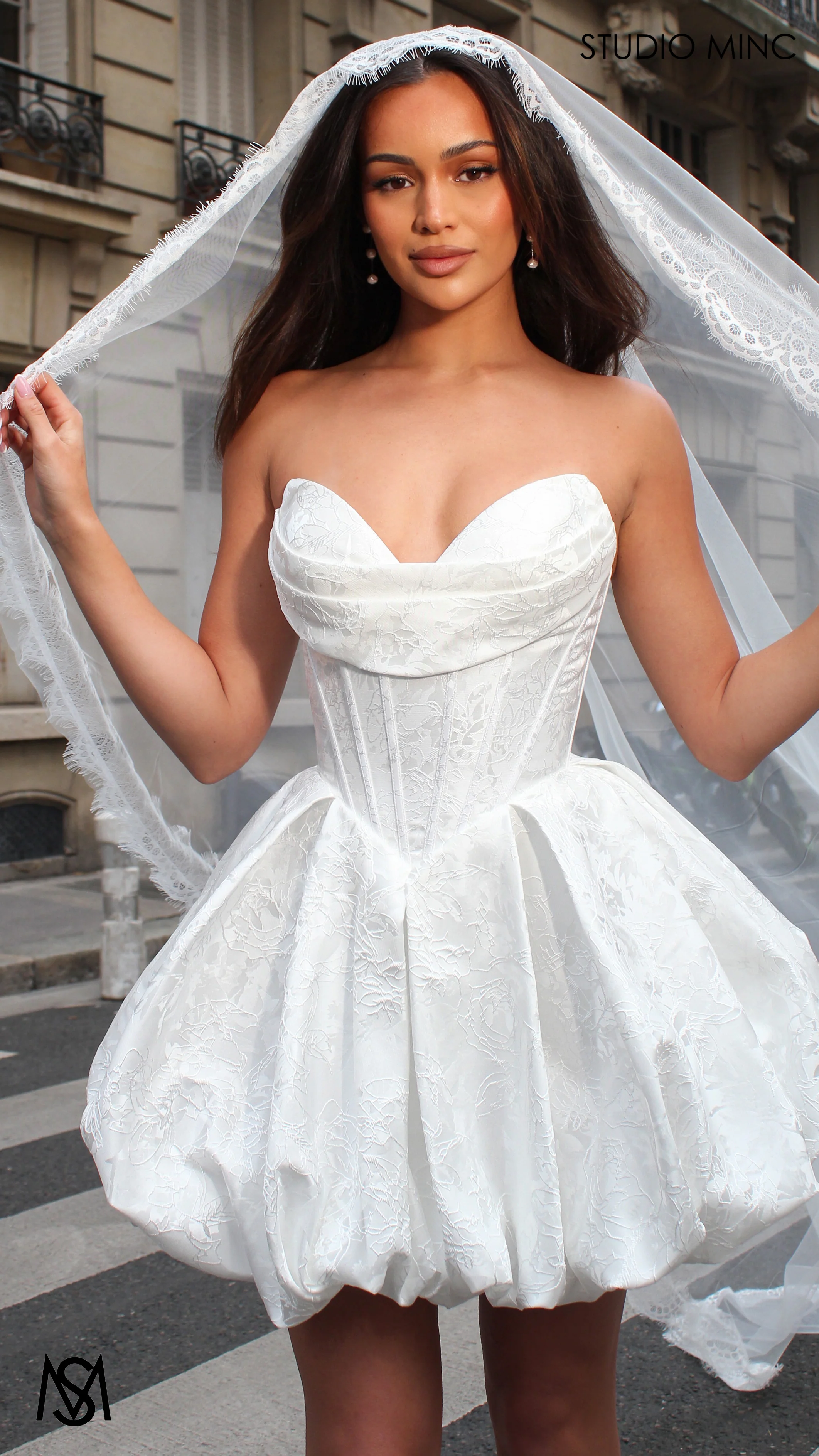 Posie Mini - White Bridal Mini Dress | Corset basque waist, floral embossed Satin Bubble Party Dress - Image 4