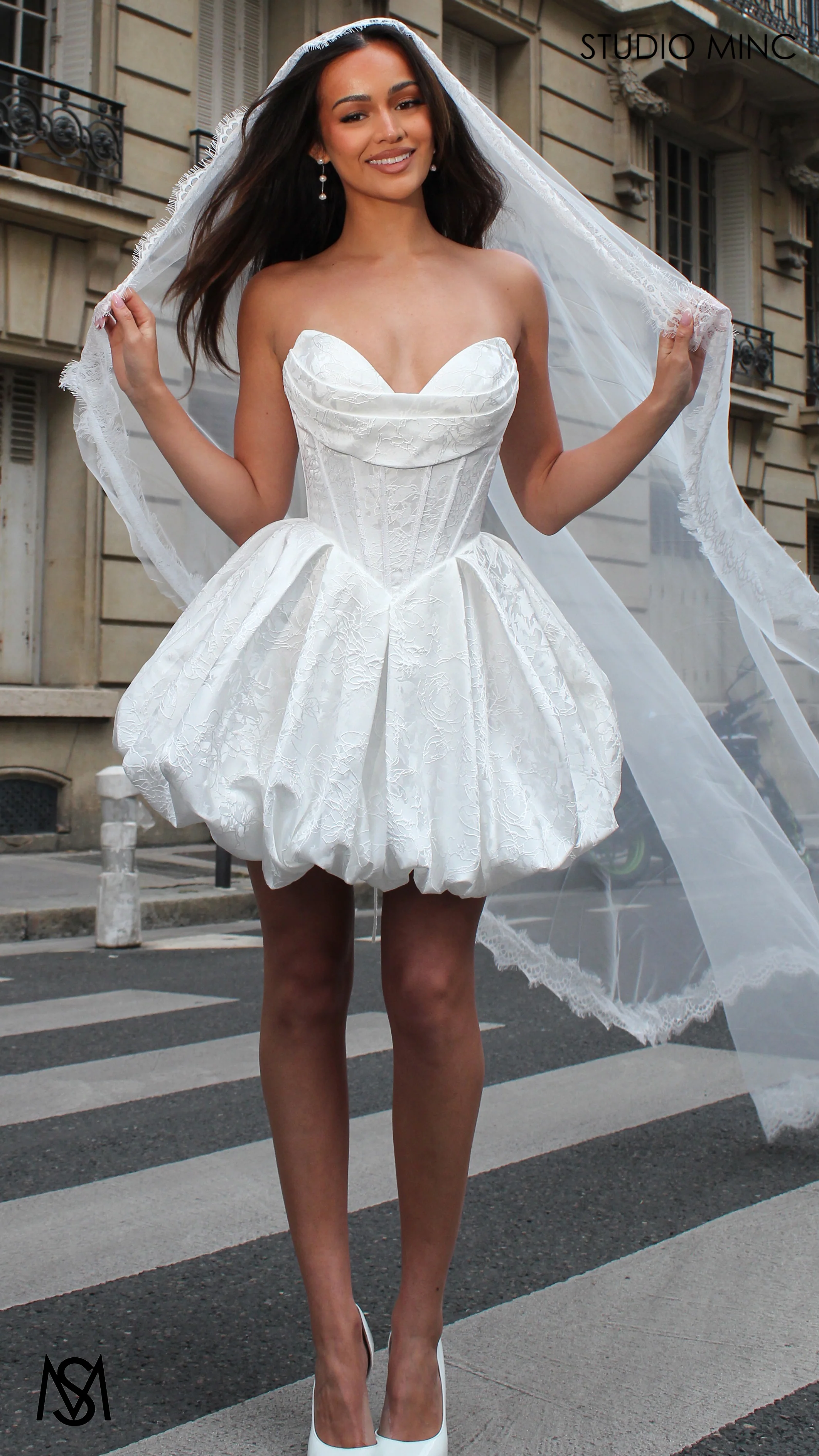 Posie Mini - White Bridal Mini Dress | Corset basque waist, floral embossed Satin Bubble Party Dress - Image 5